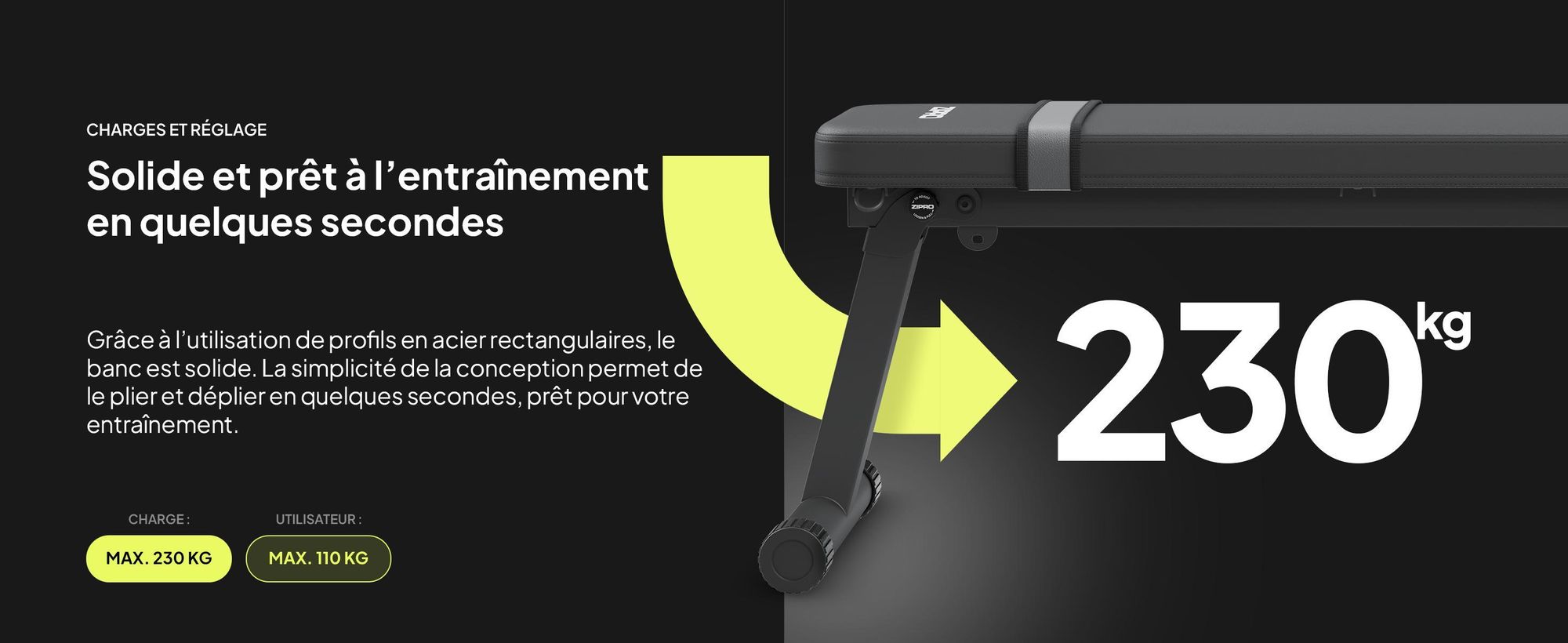Banc de musculation Zipro Flat Plank – Banc de fitness pliable pour la maison Ultra-compact avec poignée de transport Supporte jusqu'à 230 kg Banc d'entraînement pour haltères et hanches