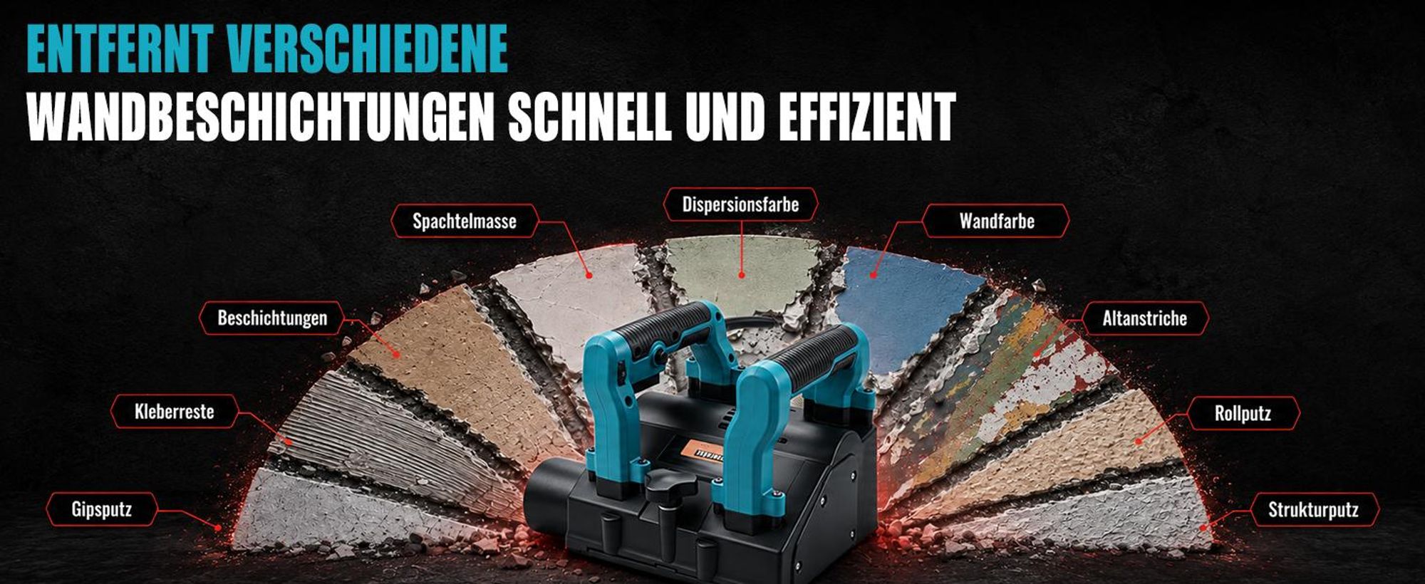 Akku-Wandfräse 1600W, Bürstenlos, für Makita Akku 18V, 0–4 mm, 6-stufig, 120mm Planfräsbreite + 30mm Seitenfräser Betonfräse Putzfräse Sanierungsfräse