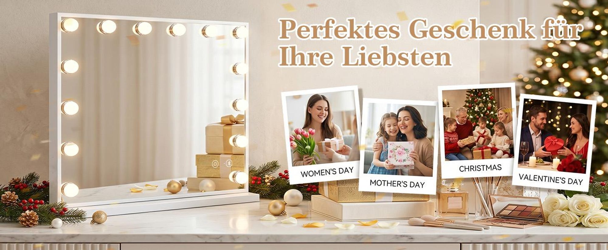VANITII Hollywood Schminkspiegel 58cm x 46cm mit Beleuchtung 15 Dimmer Leuchten 3 Lichtmodus Bluetooth Kosmetikspiegel für Badzimmer Schminktisch Weiß