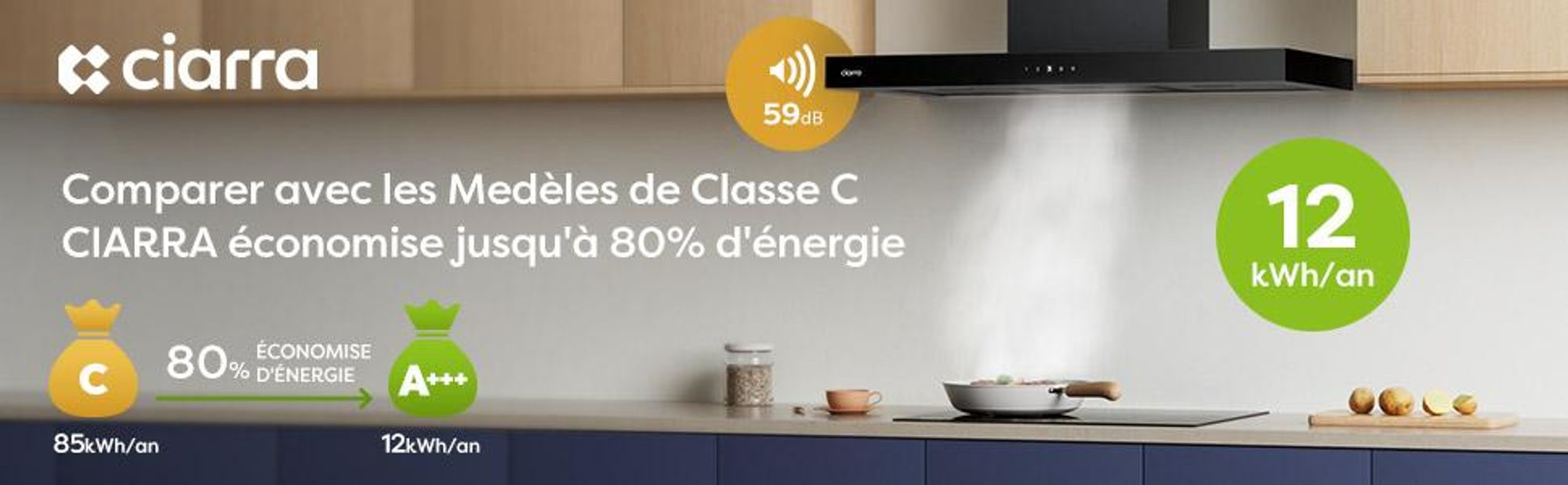 CIARRA A+++ 650 m³/h Hotte d'aspiration murale 90cm WIFI +APP & Touch Control Boost VMB9102