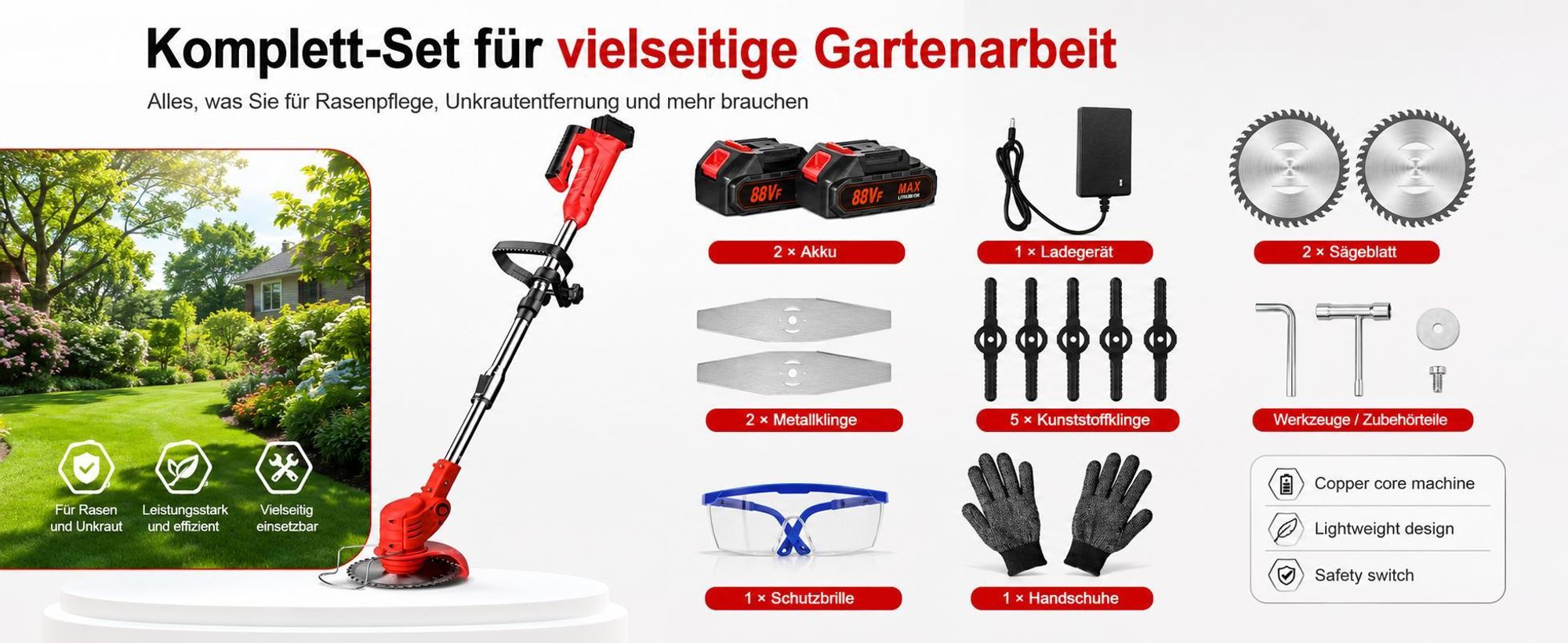Akku-Rasentrimmer 21V mit 2 Batterien, Freischneider, Motorsense, mit Akku und Ladegerät, Teleskop-Stiel & Zusatzhandgriff, Faltbares Modell, Rot