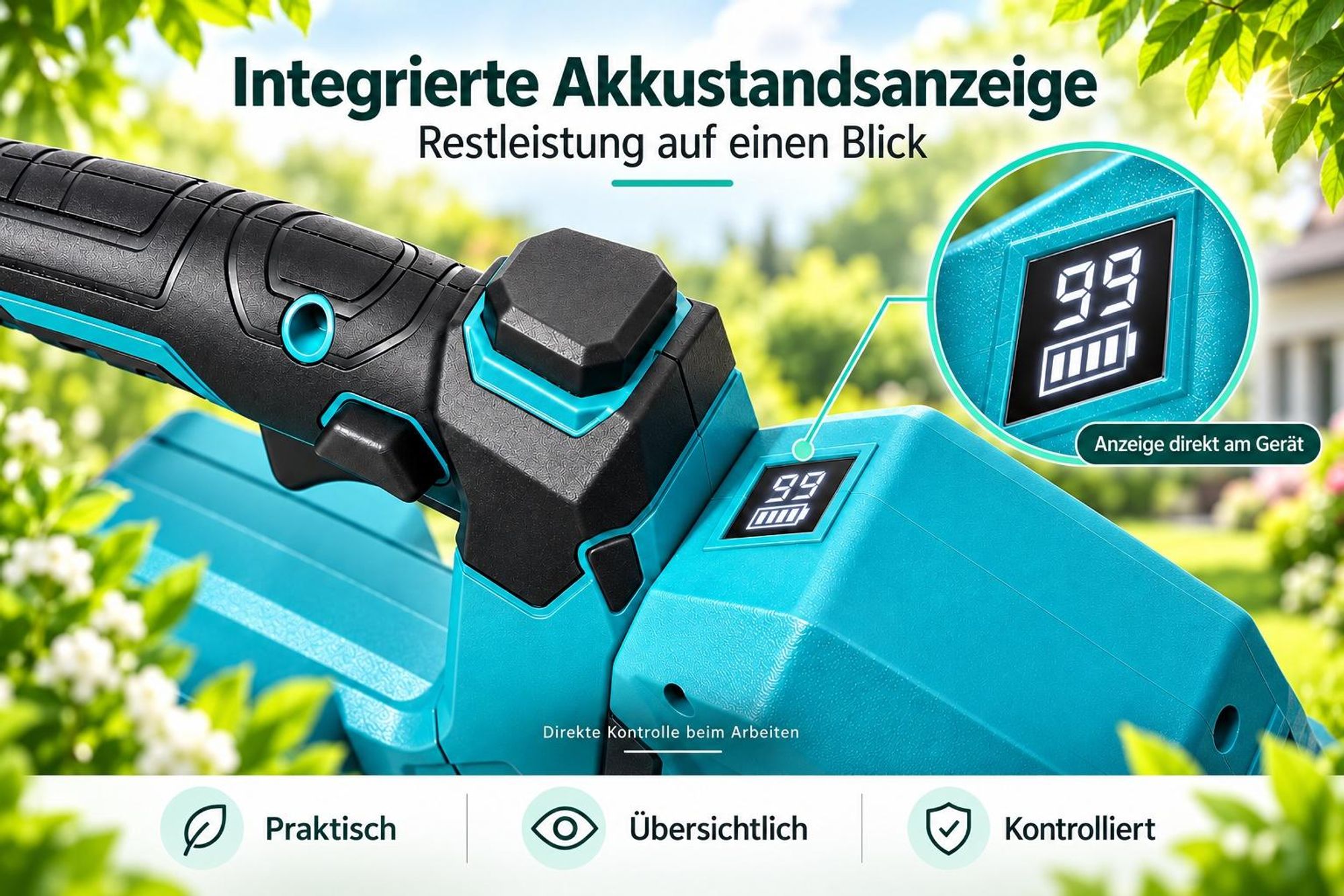 1500W Akku-Heckenschere 21V Brushless, 52 cm Messer, 2×4,0Ah Akkus, 360° Drehgriff, bis 26 mm Schnittstärke
