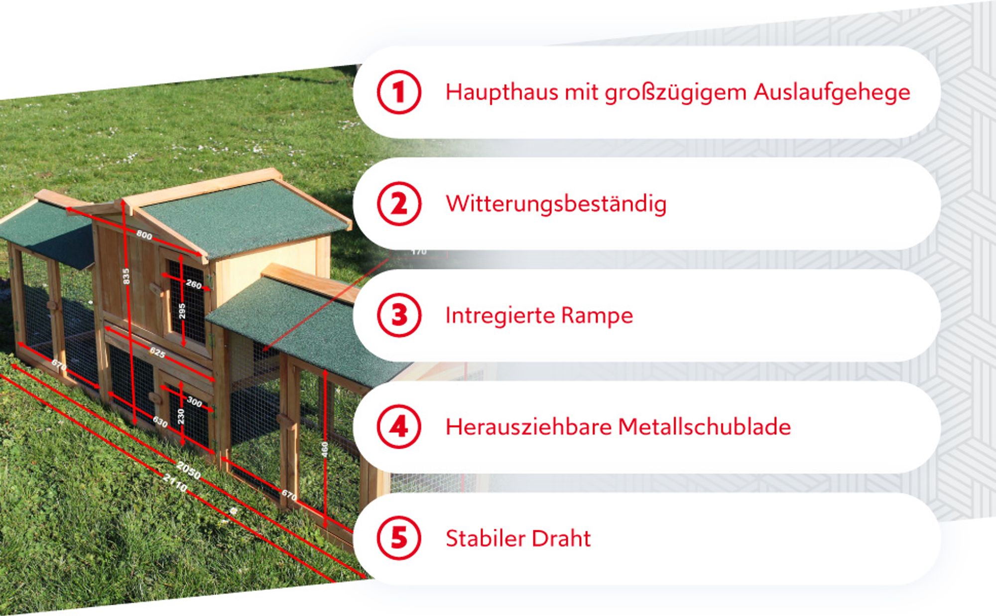 Wiltec XXL Hasenstall 2110 x 530 x 835 mm mit Freilaufgehege und erhöhtem Unterschlupf aus Kiefernholz, Kaninchenkäfig mit 2 Etagen, Kleintierstall
