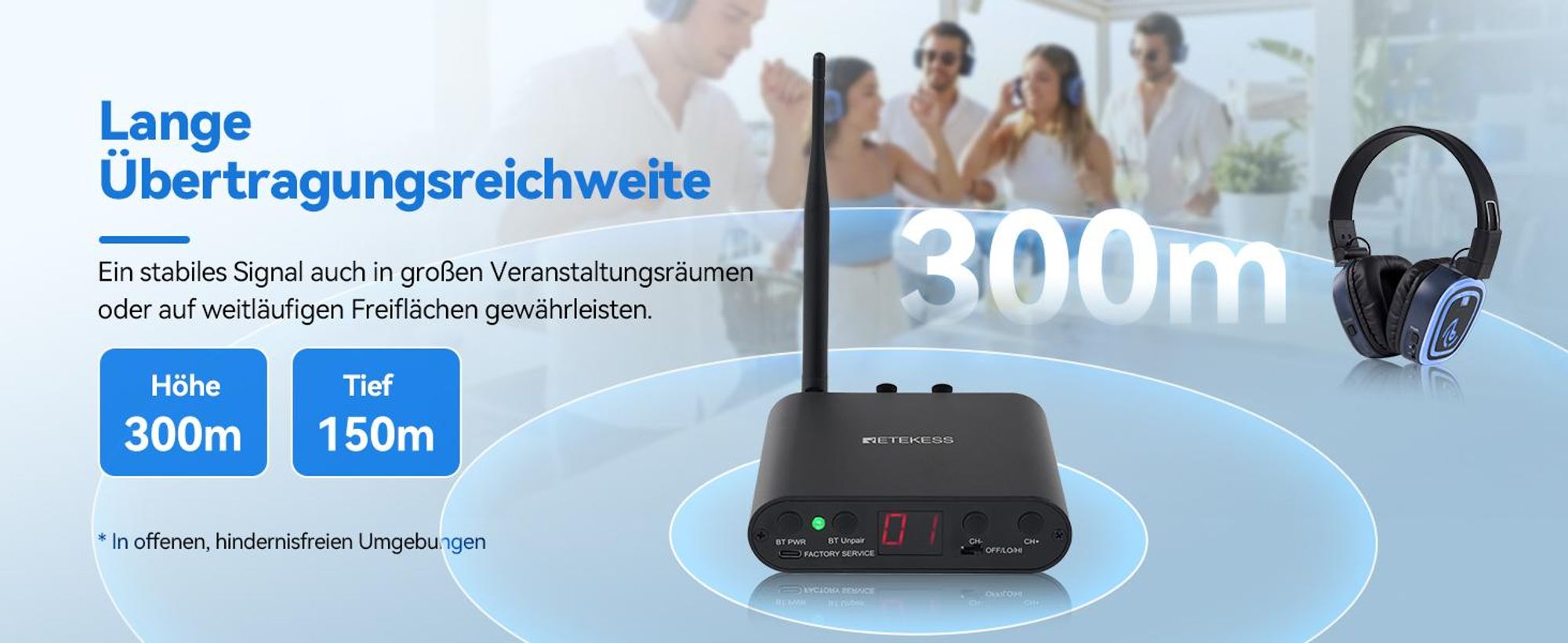 Retekess TA004S Silent Disco Kabelloser Kopfhörer, Audiosystem Verbesserte Version, 6-Kanal mit Bluetooth, faltbar, für Fernseher, Yoga, Meditation