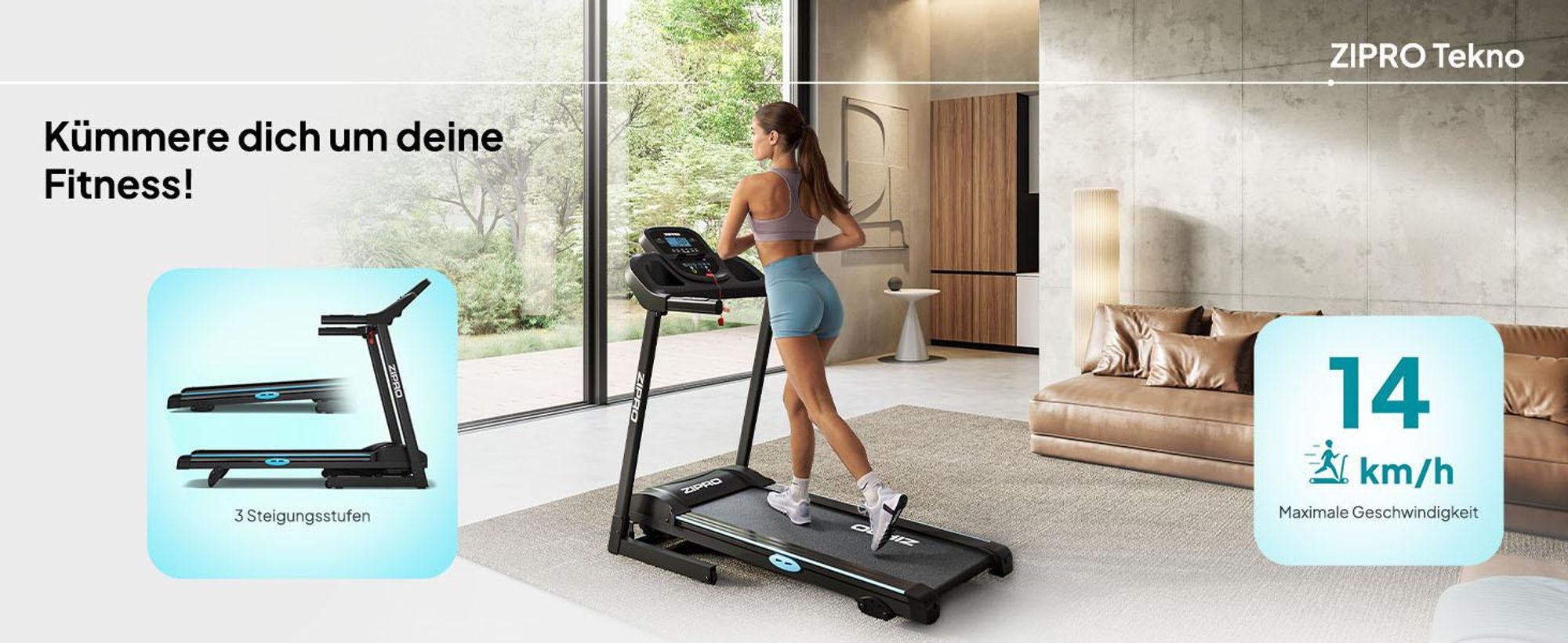 Zipro Tekno klappbares Laufband, 1080 W leiser Elektromotor, breite Lauffläche 40cm Laufband für Zuhause Klappbar mit Steigung SportRun Running Sport