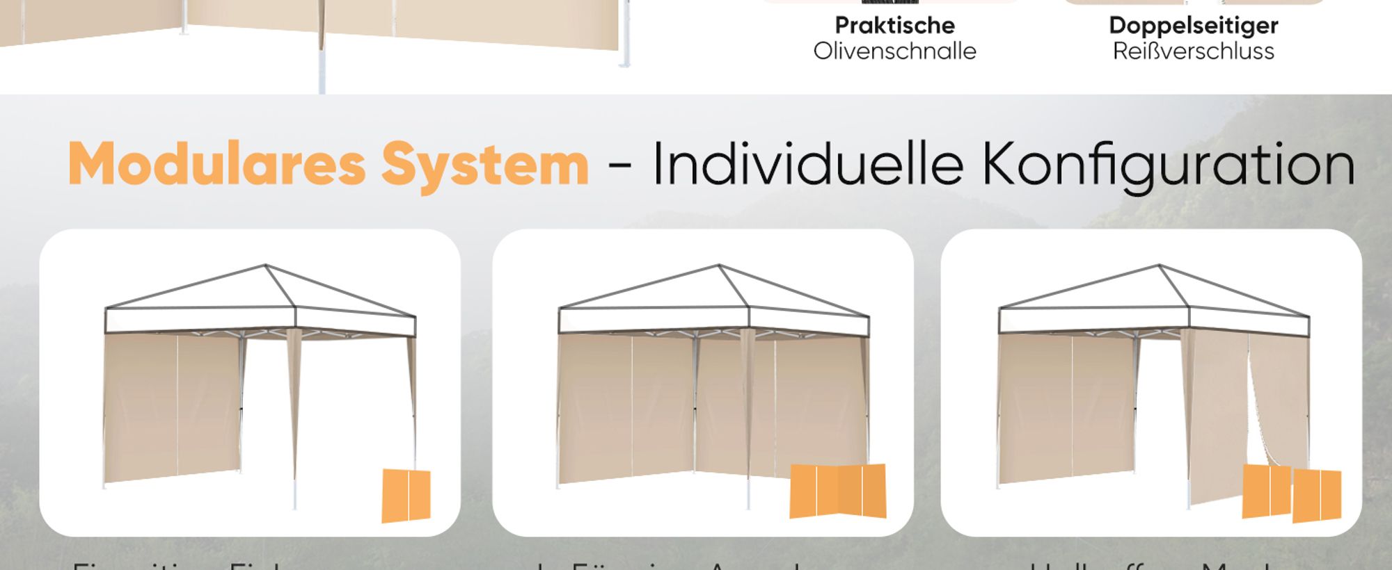 Sekey 2 Seitenteile für 3x3 /3x6m/3x9m pavillon mit Reißverschluss, Taupe