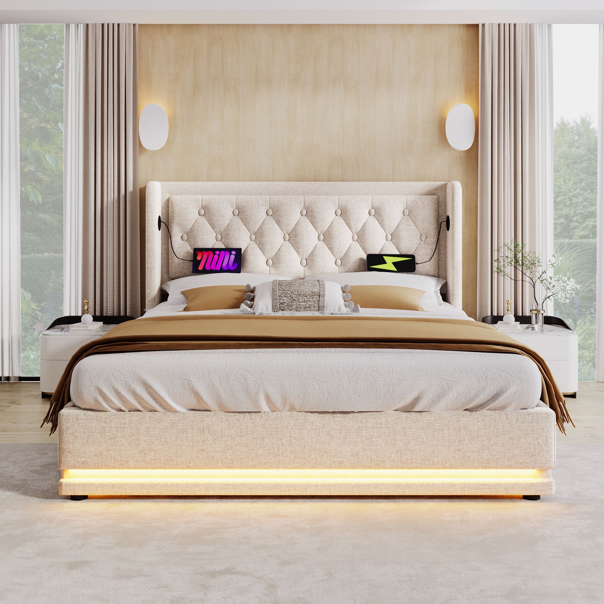 Flieks Polsterbett 160x200cm mit USB & Typ-C, Doppelbett Jugendbett mit LED, Hydraulisches Stauraumbett Boxspringbett mit Lattenrost, Baumwolle, Beige