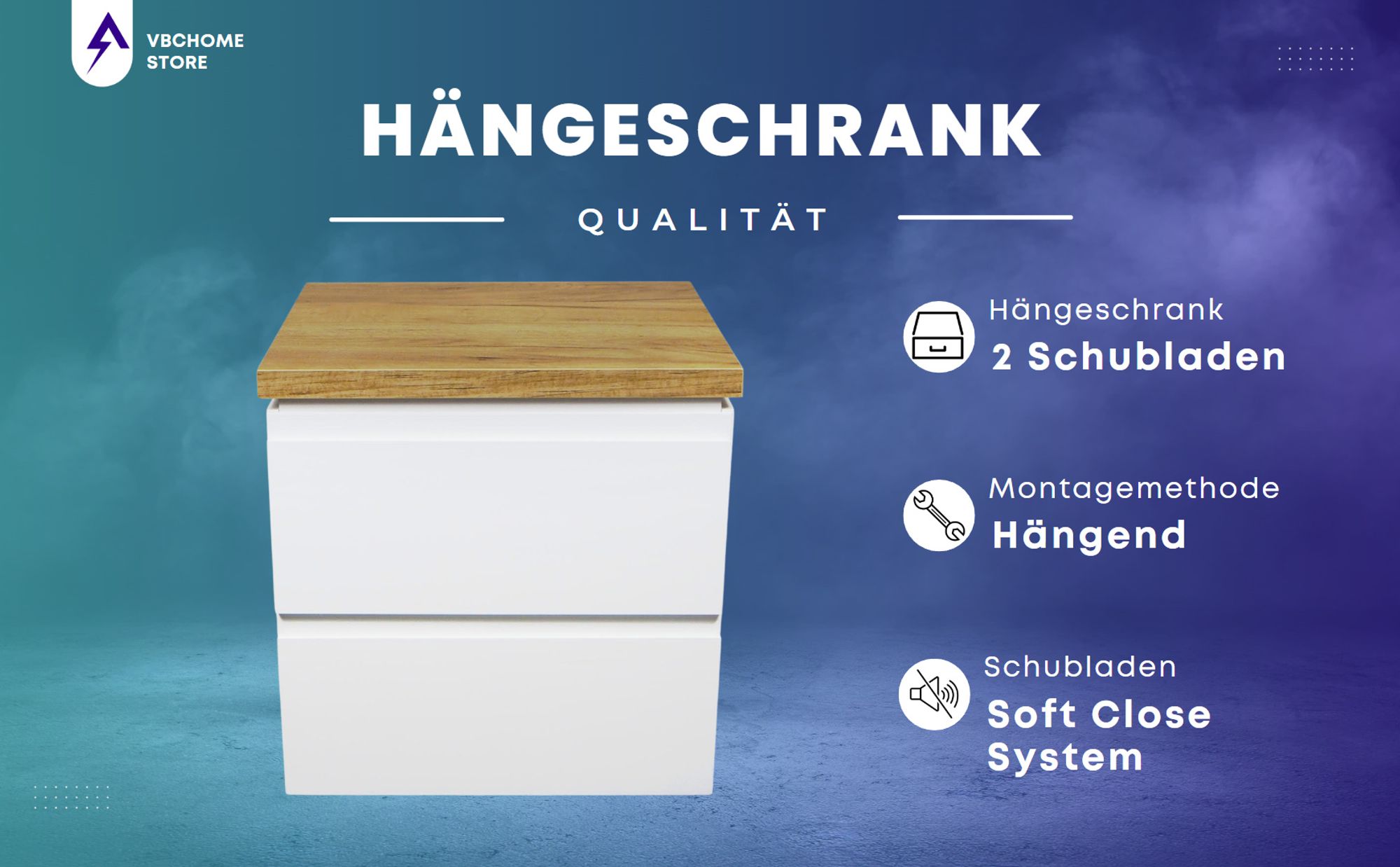 VBChome Badmöbel 50 cm Weiß Aufsatzwaschbecken mit Hahnloch 42x30 cm Aufsatzwaschtisch mit Waschbeckenunterschrank 2 Schubladen Badezimmerschrank