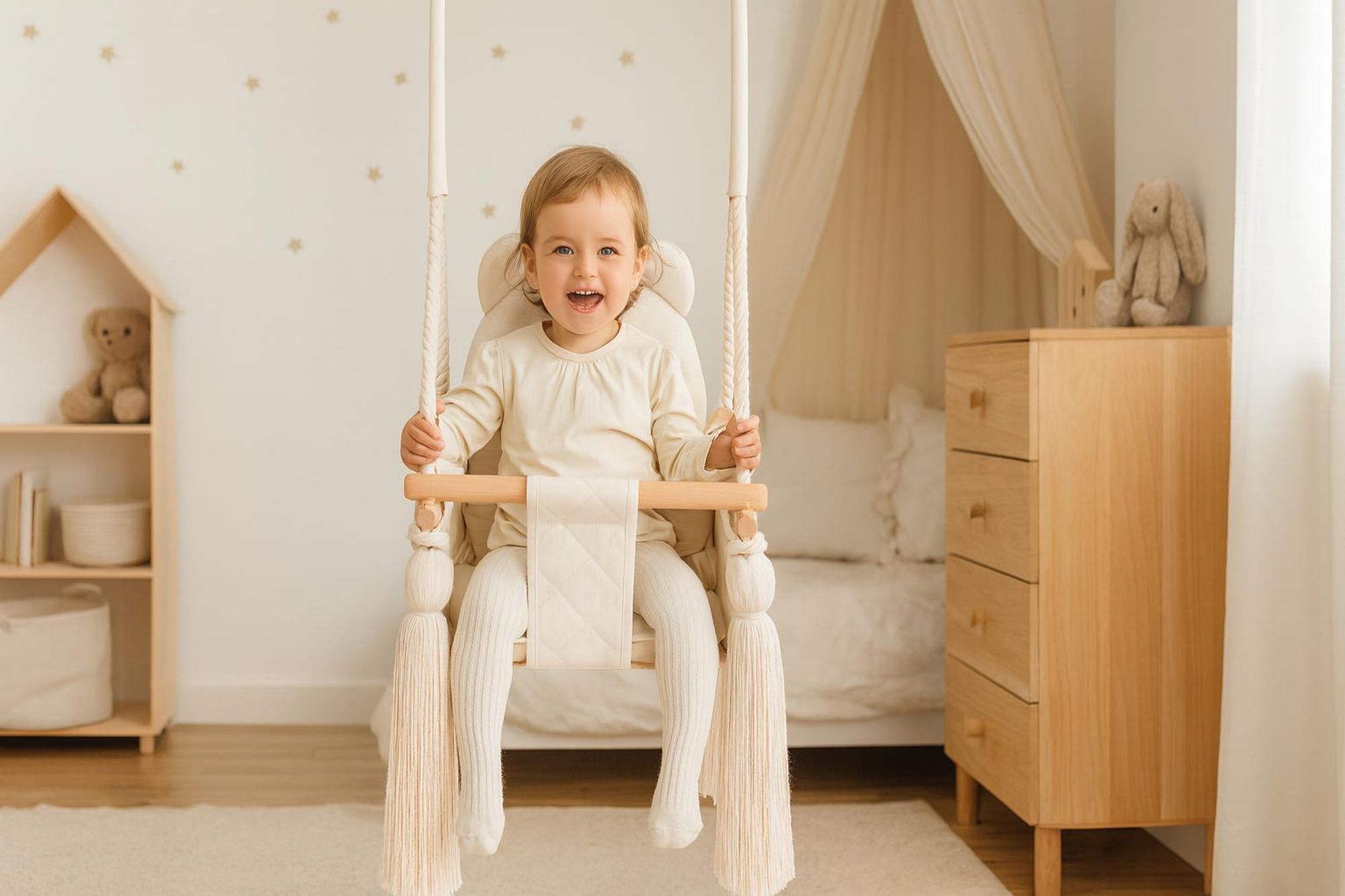 Indoor-Babyschaukel Beige aus Velvet – Mit Sicherheitsgurten, Teddybär-Design, Holzrahmen – Hergestellt in der EU