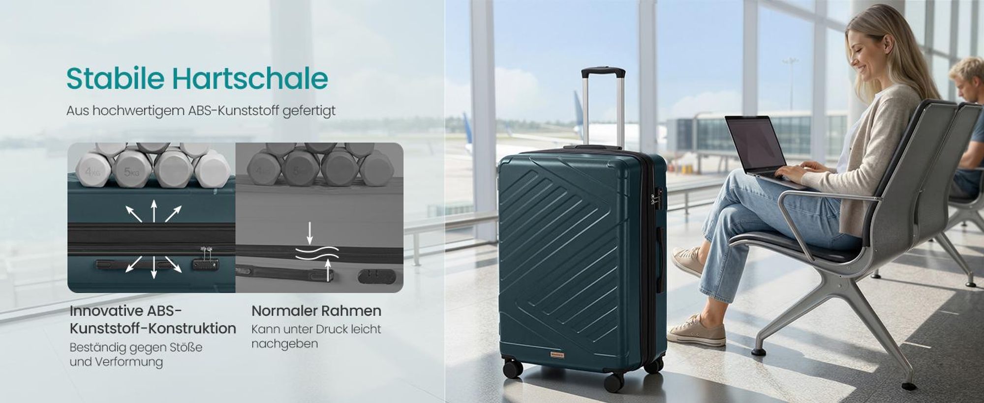 SONGMICS Koffer, Hartschalenkoffer mit TSA-Schloss und Koffergurt, erweiterbar, XL, 75 cm, für Urlaub, 4 Rollen, türkis