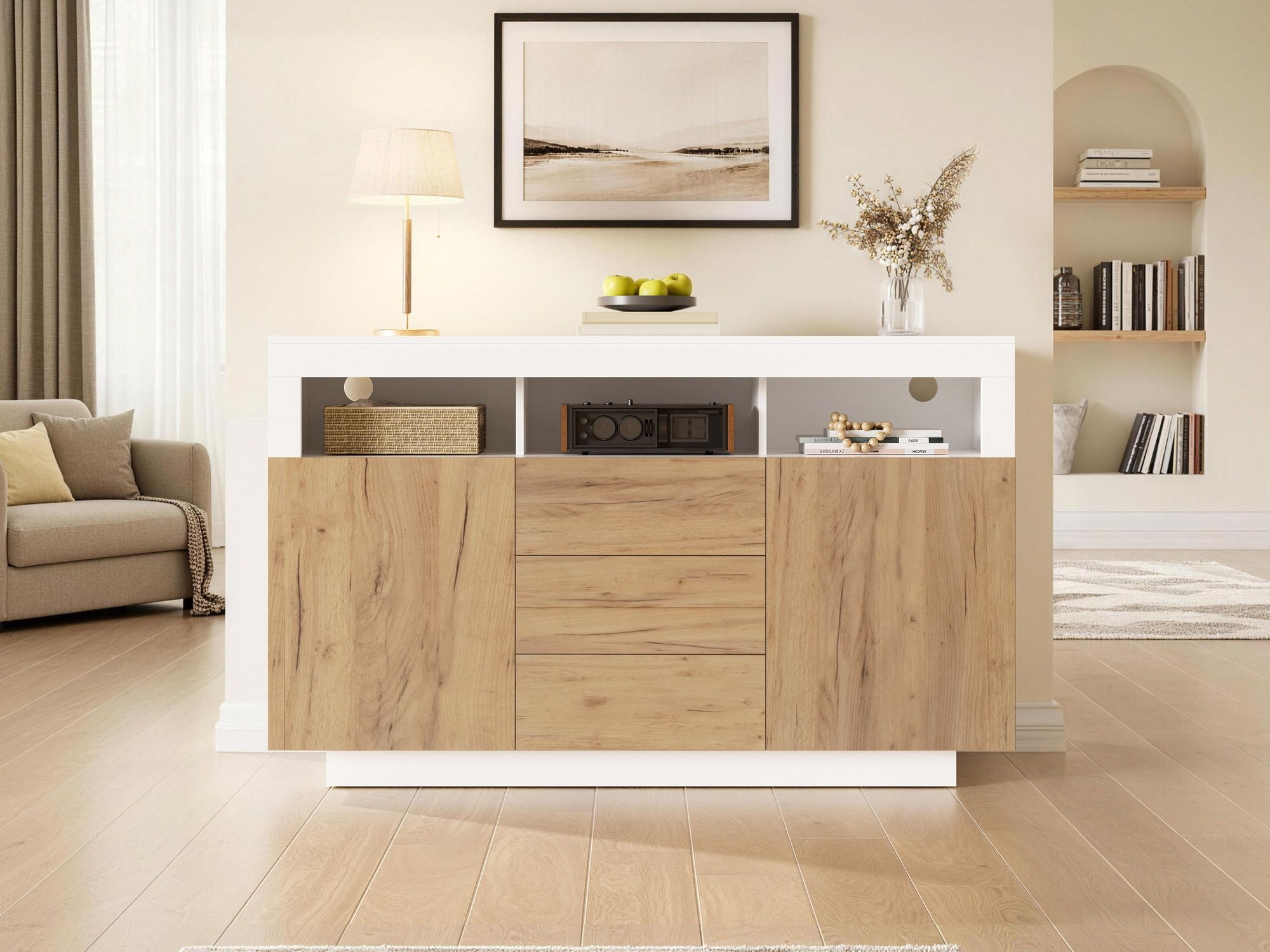 Merax Kommode Sideboard mit 3 Schubladen Und 2 Türen, Wohnzimmerschrank mit Offenen Fächern, Küchenschrank, Flurschrank 140 cm, Weiß+Natur