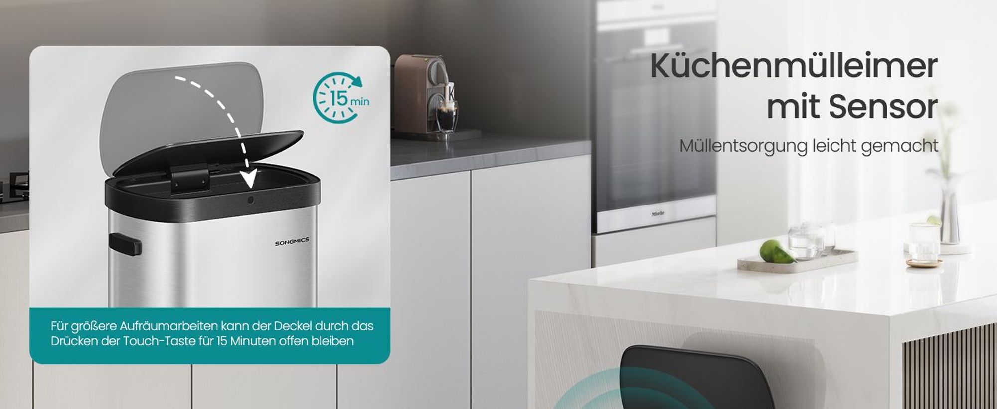 Mülleimer mit Sensor, automatischer Abfalleimer 50 L, Softclose-Deckel, Edelstahl, metallicsilber-tintenschwarz