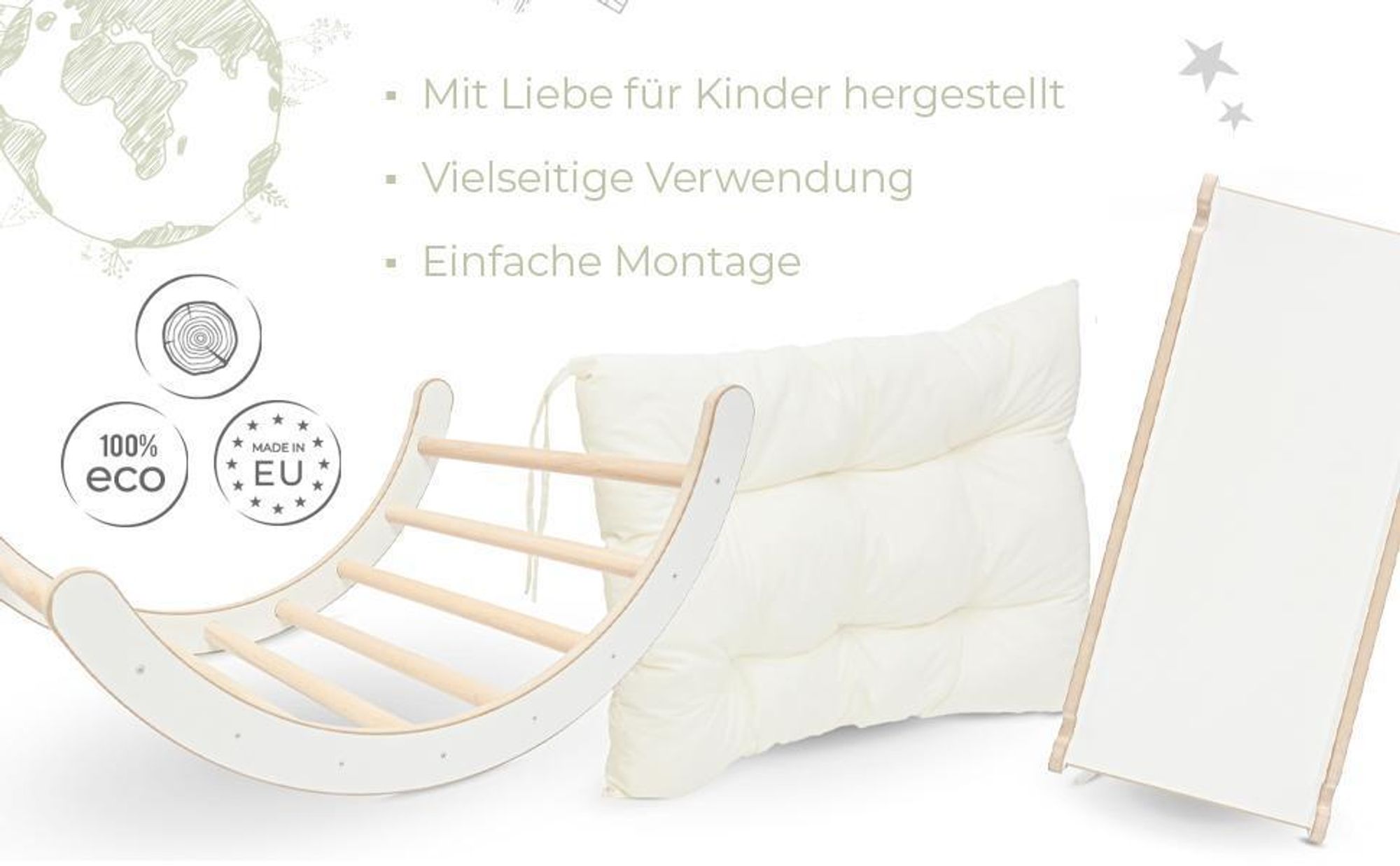 MAMOI® Klettergerüst Kletterdreieck Indoor 4 in 1 SET. Montessori Kletterbogen mit Kissen, Indoor Spielplatz 1-3 Jahre und Rutsche für Kinder.