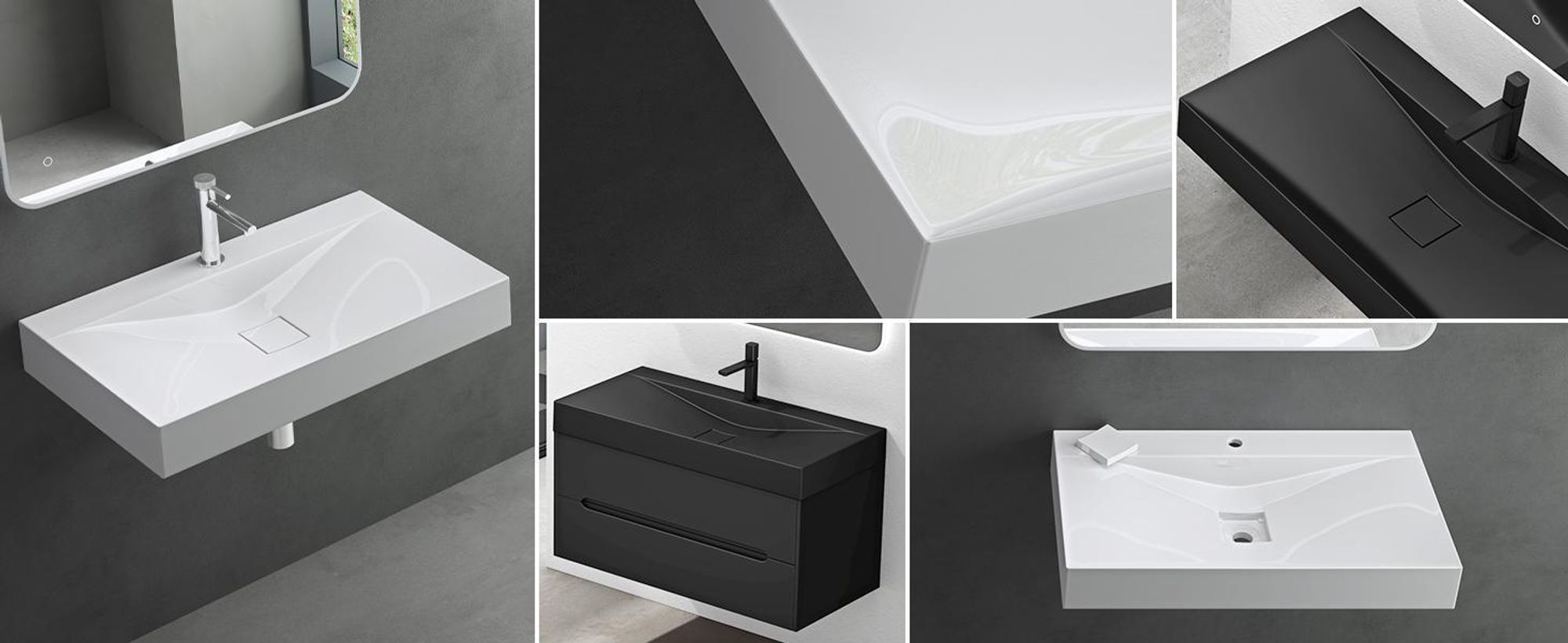 Mai & Mai Waschbecken Hänge Waschtisch Aufsatz Waschschale Mineralguss Schwarz Matt Rechteckig 1 Armaturenloch Breite: 60cm Col810