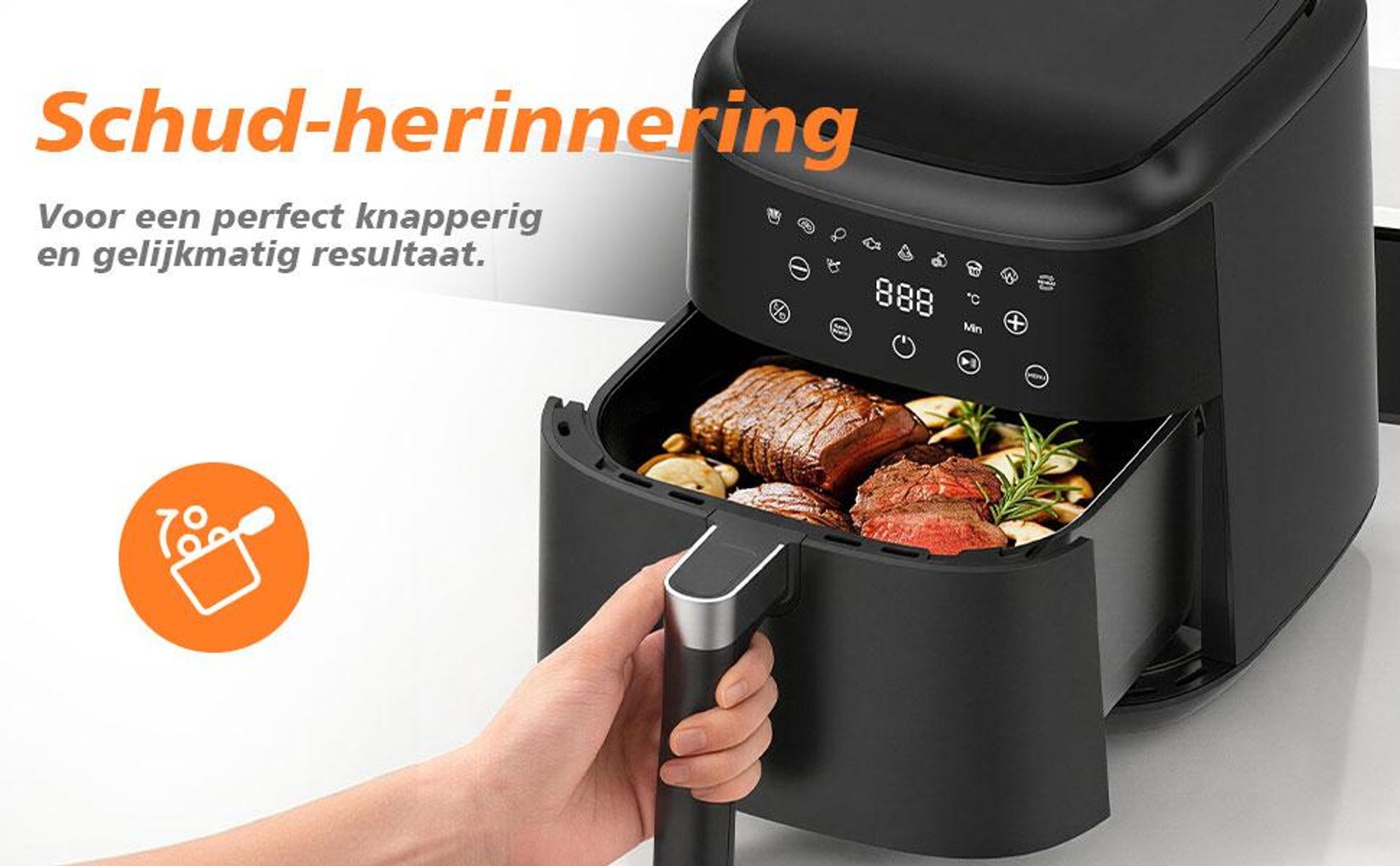 Heteluchtfriteuse, 6 liter, 9 kookprogramma's, temperatuurbereik 40–200 °C, warmhoudfunctie, antiaanbaklaagmandje vaatwasserbestendig
