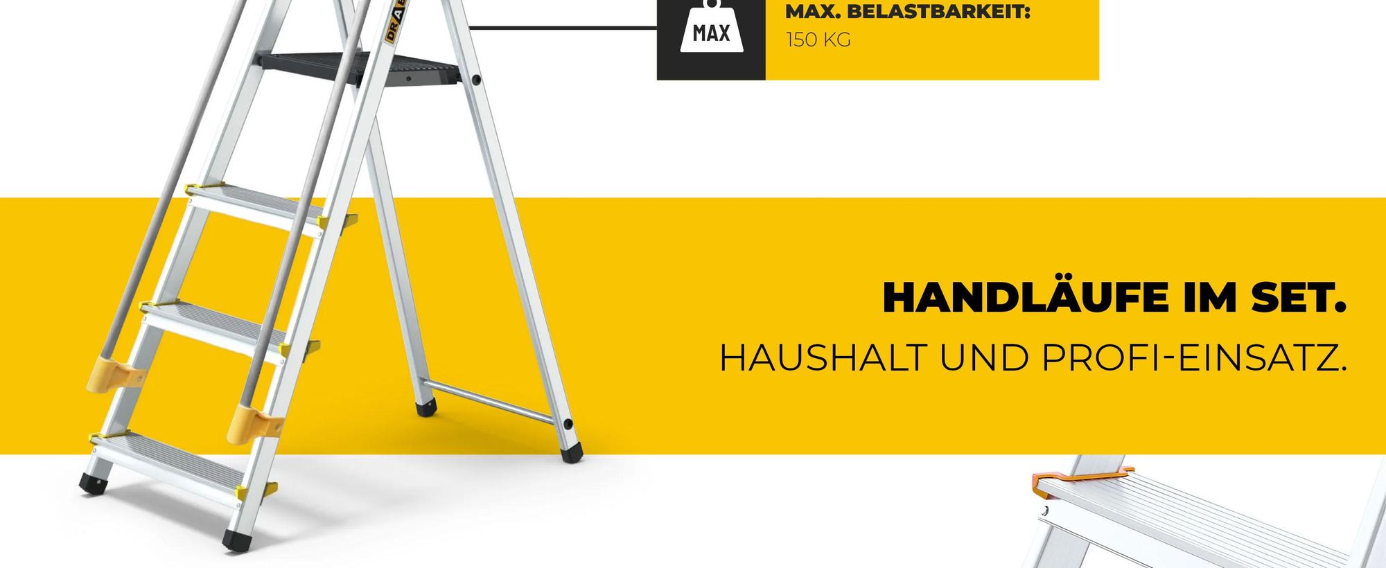 Drabest | Leiter - 4 Stufen, Tragfähigkeit 150kg - Leiter mit Handläufen, Alu Leiter, Anti-Rutsch-Füße, Trittleiter, Klappleiter