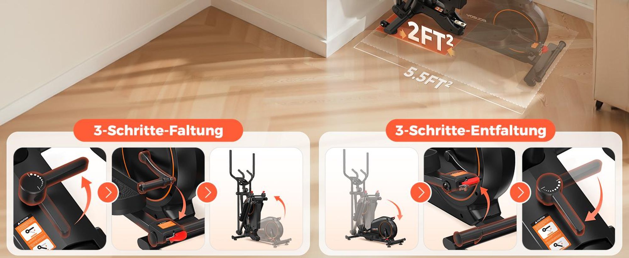 YOSUDA Klappbarer Crosstrainer für Zuhause, Crosstrainer mit 16 Widerstandsstufen, Ultraleiser für Cardio, LCD-Display & Transportrollen