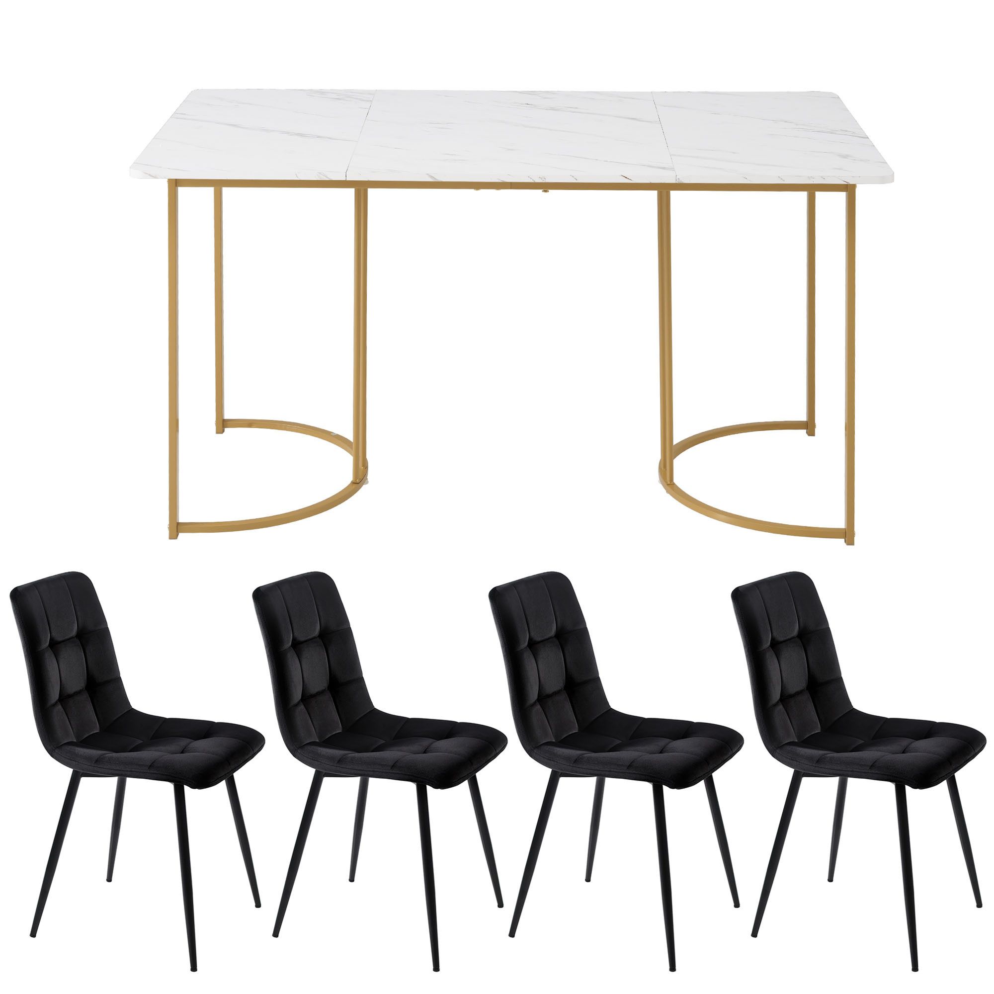 Flieks Essgruppe Esstisch mit 4 Esszimmerstuhl, Sitzgruppe Küchentischset 5tlg., Küchentisch mit 4 Esszimmerstuhl, Stuhl mit Samtbezug, Schwarz Gold