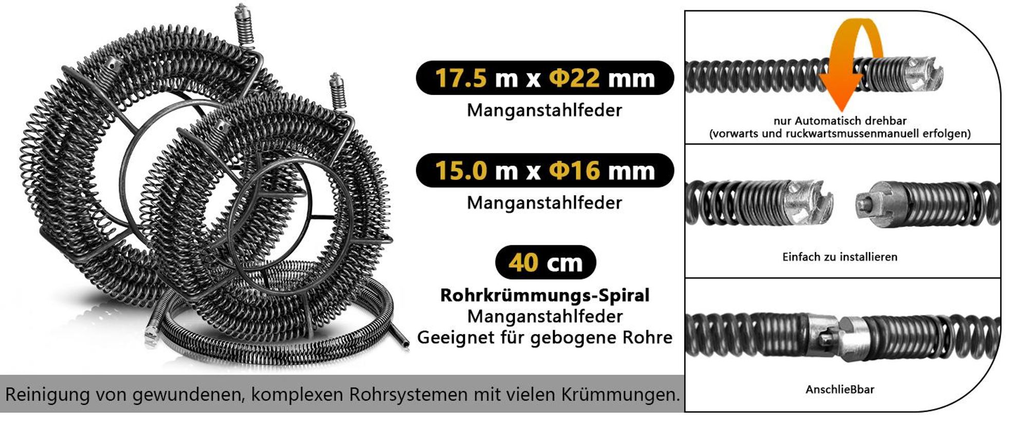 Rohrreinigungsmaschine 1250W 550U/min, für Rohrdurchmesser Ø20-200mm, Spirale(15MØ16mm+17.5MØ22mm+40cm) Trommel(3mØ10mm)+13 Schneidköpfen, Bodenrollen