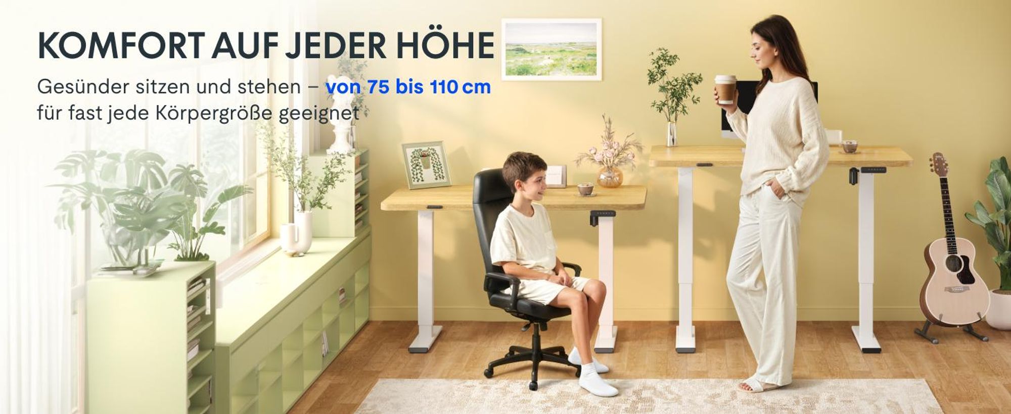 FLEXISPOT EN1 Höhenverstellbarer Schreibtisch 100x60cm elektrisch mit einteiliger Tischplatte, Kabelmanagement & Ablagefach, 4 Memory-Funktion (Ahorn)