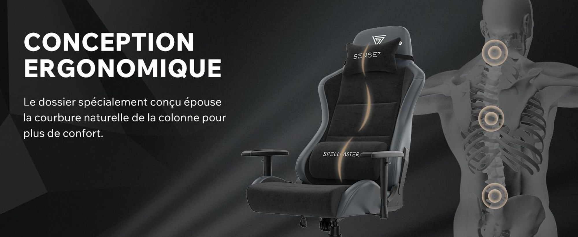 Fauteuil gaming SENSE7 Spellcaster FUKU XL en Alcantara noir - Fauteuil de bureau ergonomique pour personnes de grande taille, supportant jusqu'à 160 kg, rembourrage en mousse à froid, assise large