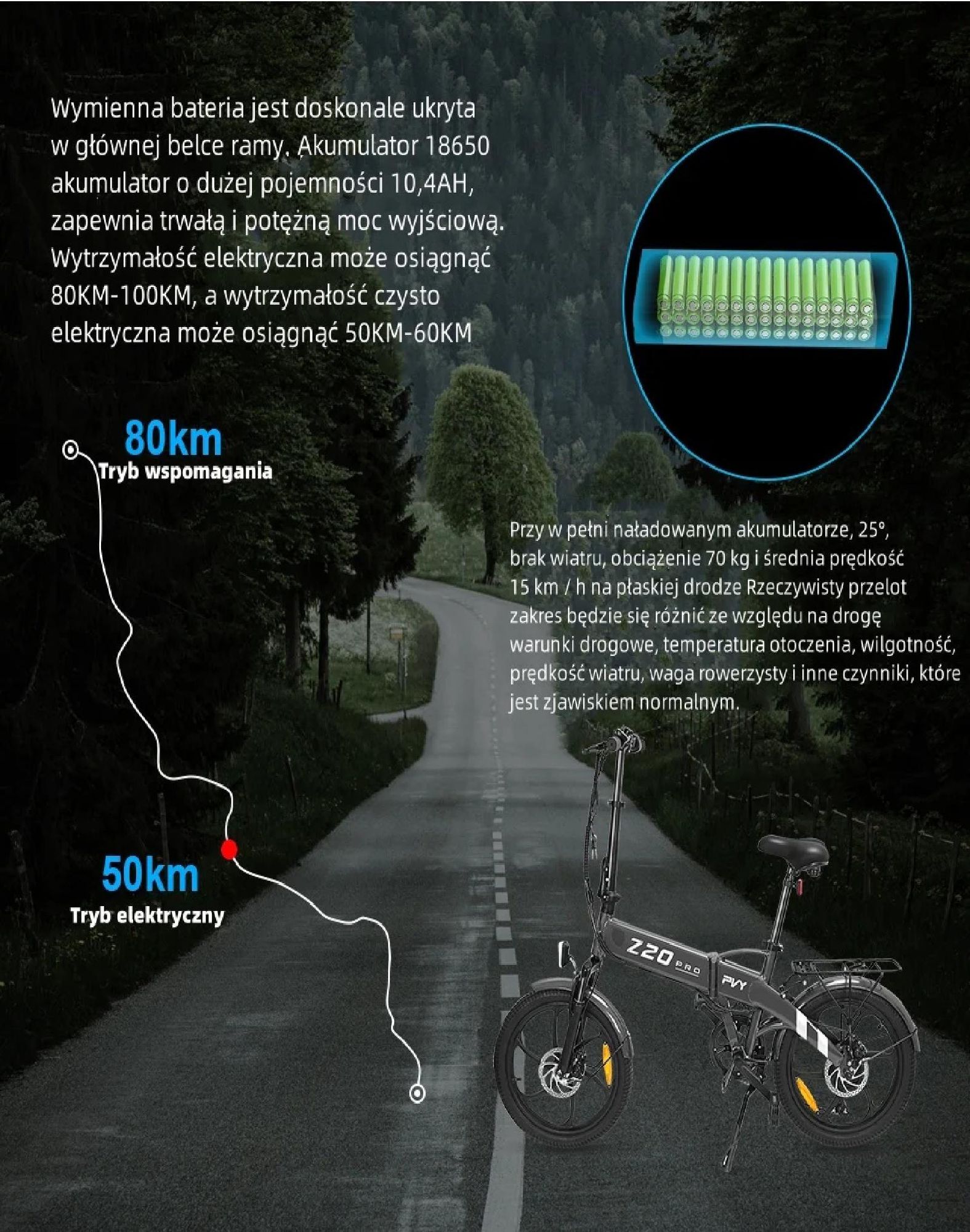 Rower Elektryczny PVY Z20 Pro - Moc 250W Bateria 36V10.4AH Zasięg 80KM Hamulec Tarczowy Mechaniczny - Szary