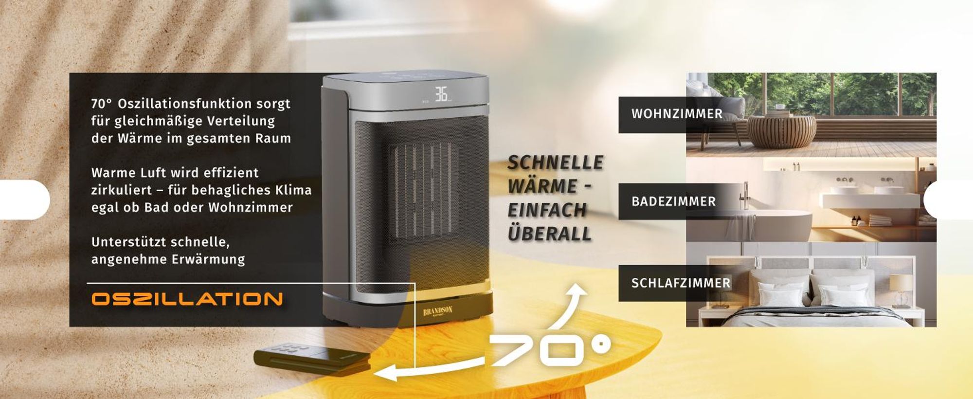 Brandson Heizlüfter energiesparend, Keramik Heizgerät, Oszillation, Timer, Fernbedienung, kompakt, 1500 W, Preisträger 2025, GS , Thermostat, Überhitzungsschutz