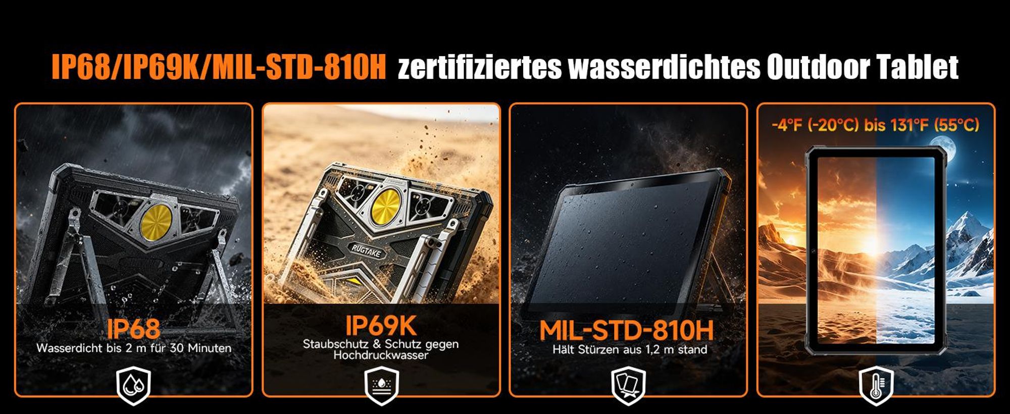 RUGTAKE T5 Pro Outdoor Tablet 5G Android 16 - 32GB+256GB - 20080mAh 11" 120Hz 2K 64MP+20MP Nachtsicht Rugged Tablet Gemini AI/Widevine L1, Orange