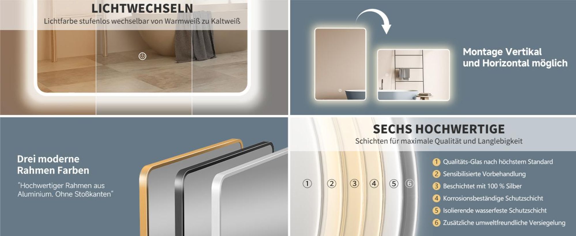 HOKO Badspiegel 70x100cm mit Rahmen+Touch Schalter+Licht Wechsel Warmweiß-Kaltweiß-Neutral Licht mit Touch Schalter und mit Wandschalter einschaltbar