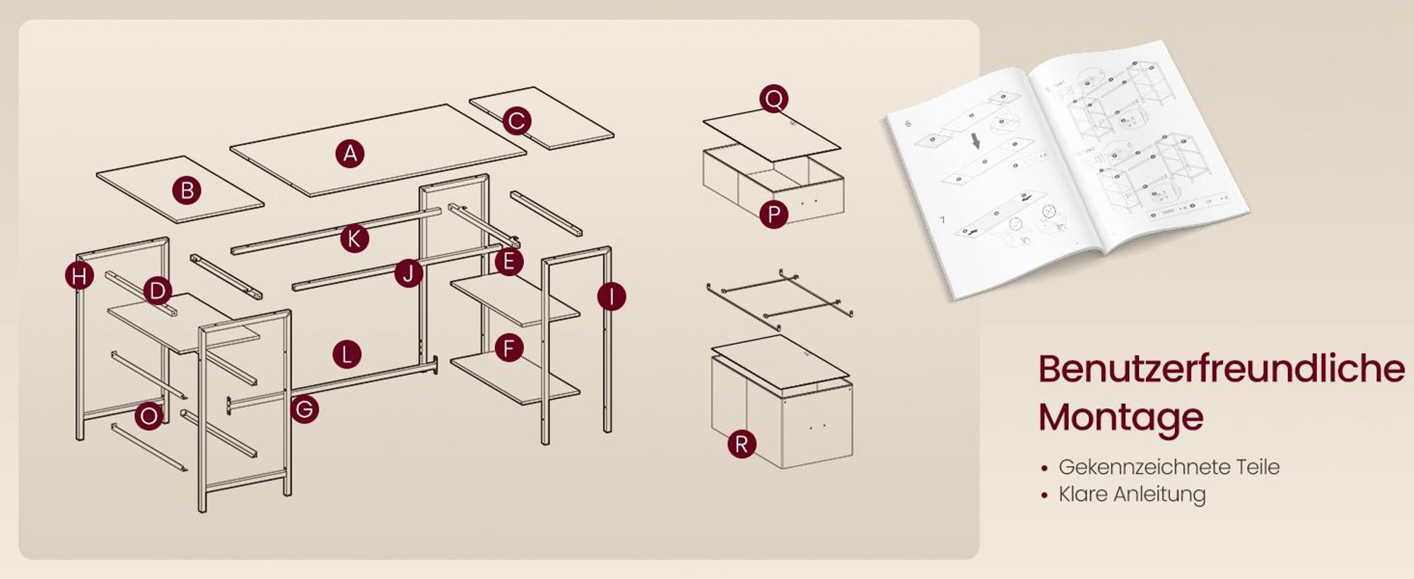 VASAGLE Schreibtisch mit 3 Ablagen, Bürotisch mit 2 Schubladen, 127 x 50 x 76 cm, moderner Stil, braun-schwarz
