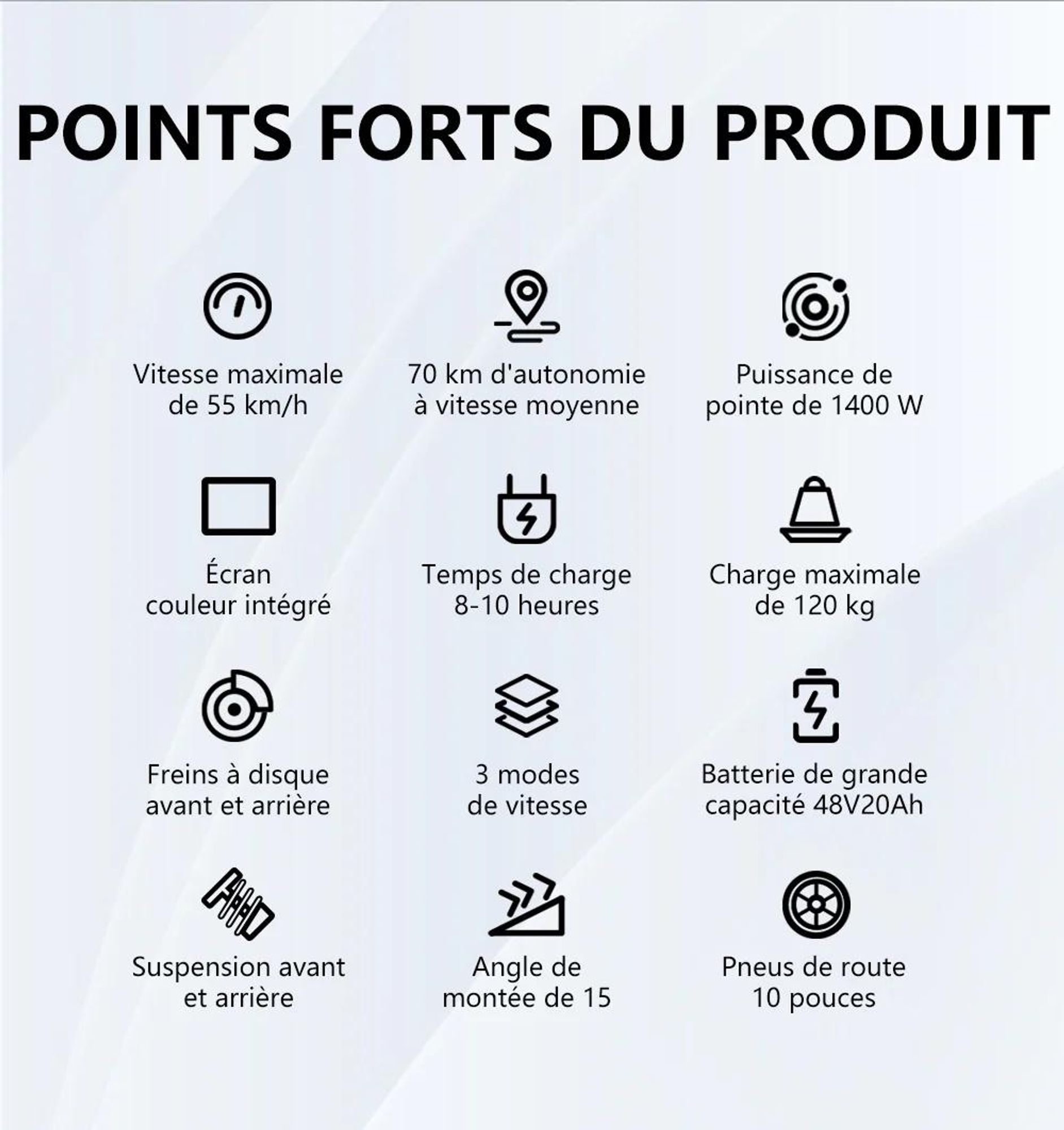 Trottinette Électrique OOTD S10 - Batterie 48V20AH 10" Pouces Roues Freins à Disque - Noir