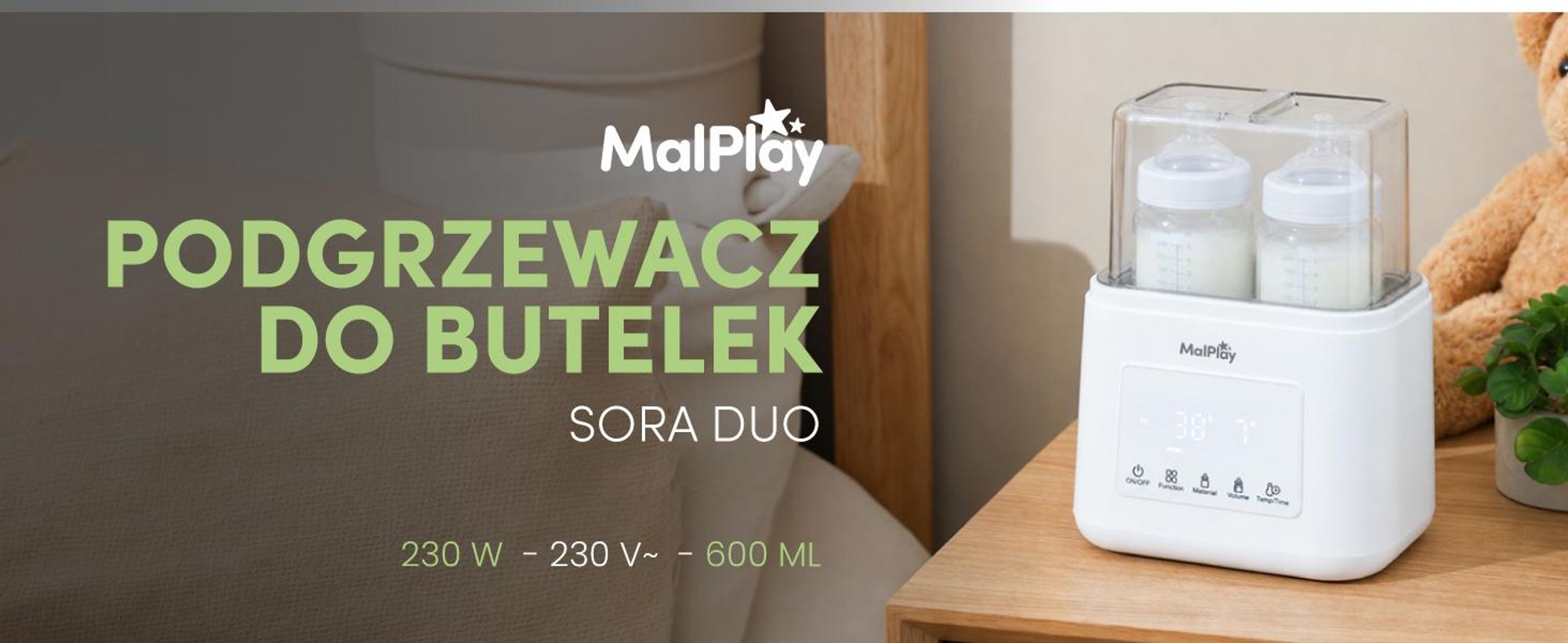 Podrzewacz na dwie butelki mleka ze sterylizatorem i rozmrażaniem, podtrzymująccy ciepło
