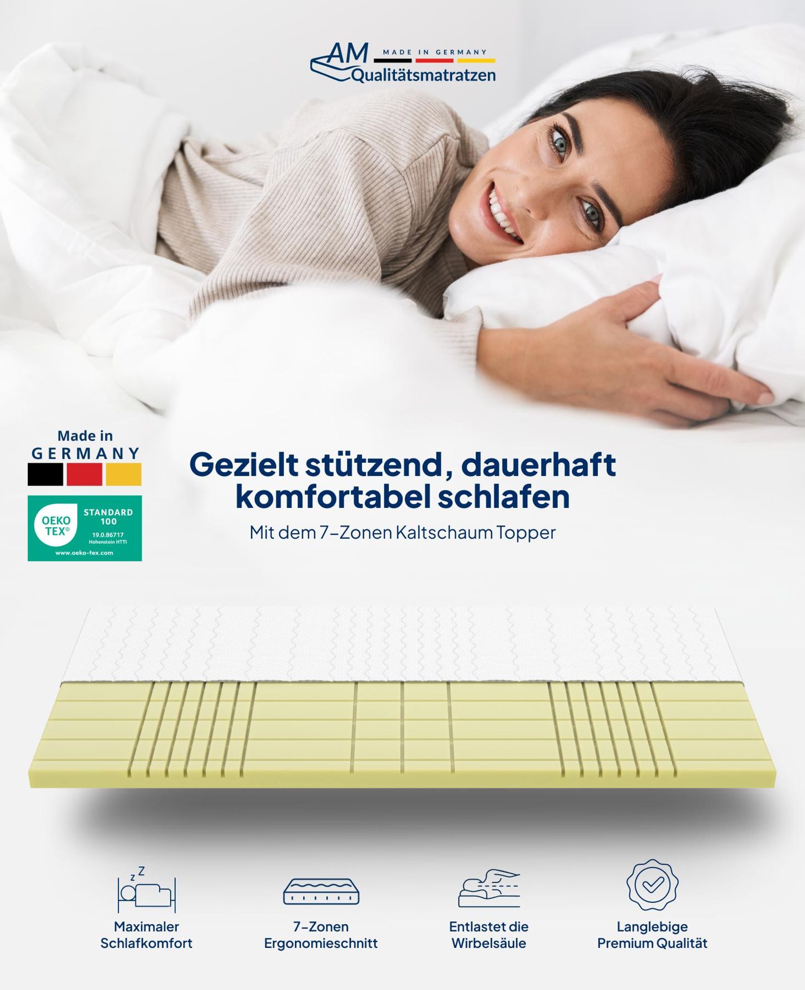 AM Qualitätsmatratzen | 3D Deluxe 7-Zonen Kaltschaum-Topper | 200x220 cm | 8 cm Höhe | Matratzentopper | 200/220 | Kaltschaum Topper | 7 Zonen