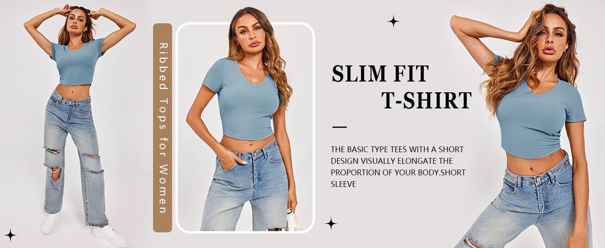 Kurzes Damen-Top, gerippter V-Ausschnitt, Kurzarm, sommerliches Basic-T-Shirt, schmale Passform, Y2K-Shirt