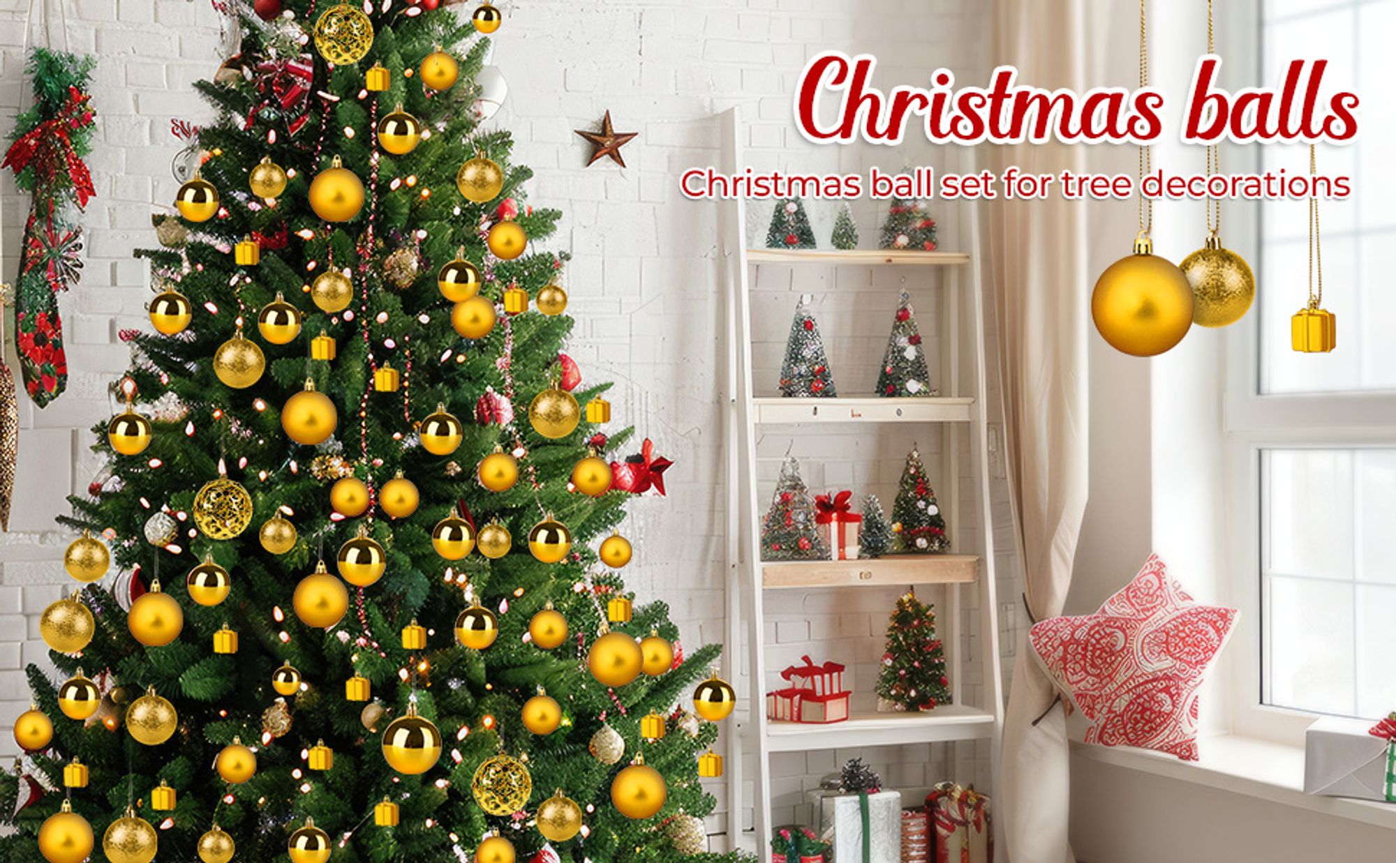 105-teiliges Christbaumkugeln Set Gold, Ø 3/4/6 cm Weihnachtskugeln aus Kunststoff,Weihnachtsbaum Deko Anhänger,Tannenbaumkugeln für Christbaumschmuck