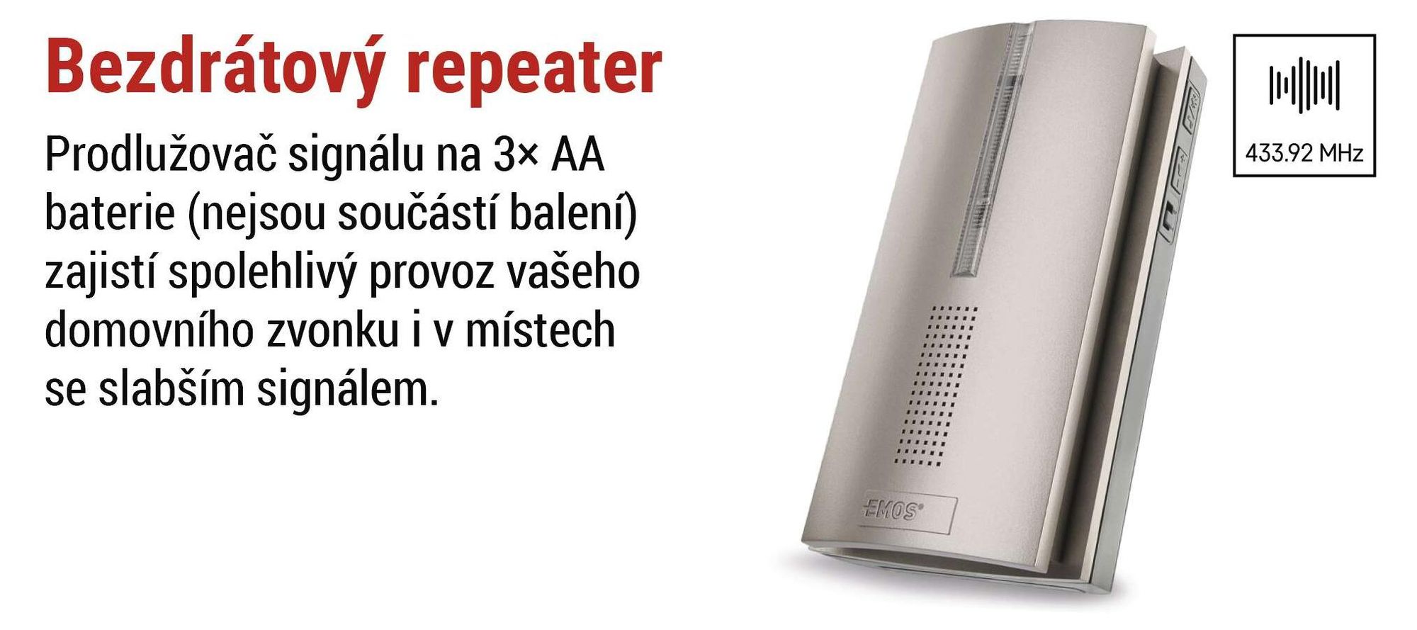 EMOS Bezdrátový zvonek, bateriový, náhradní/dodatečný opakovač pro P5760N/P5763N, neomezený dosah, 5 úrovní hlasitosti (0-85 dB), P5763RN