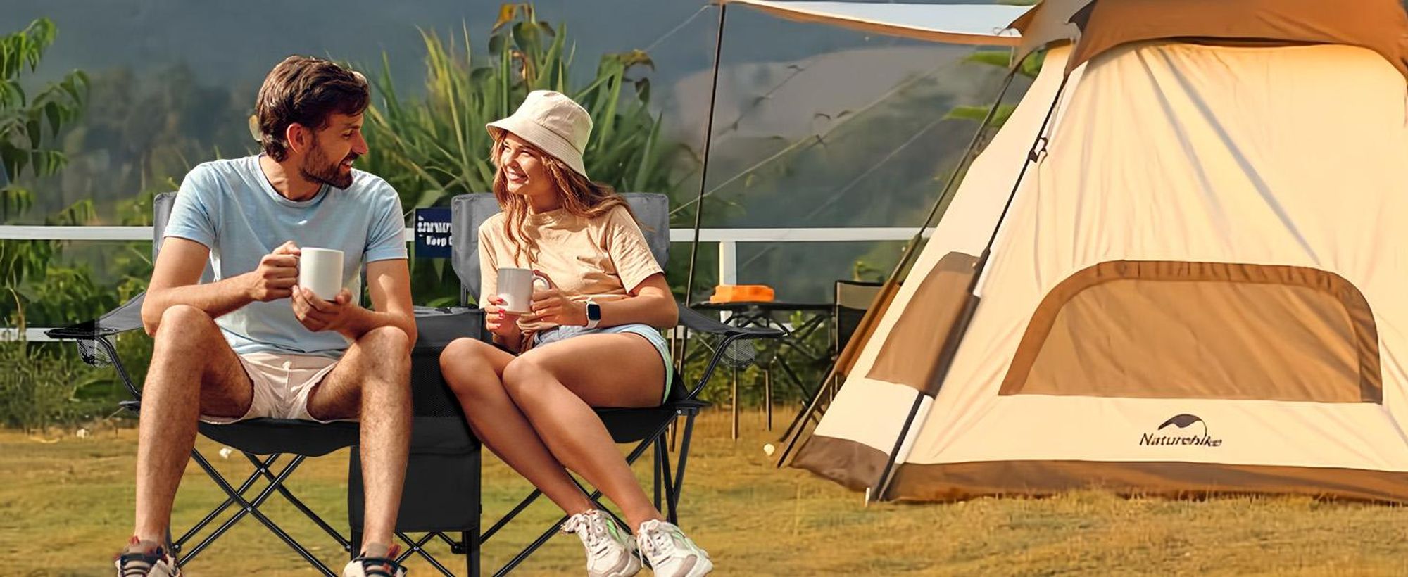 FCH Doppel Campingstuhl mit Sonnenschirm & isolierter Kühltasche,2 Personen Klappstuhl mit Getränkehalter,Anglerstuhl Strandstuhl,Schwarz