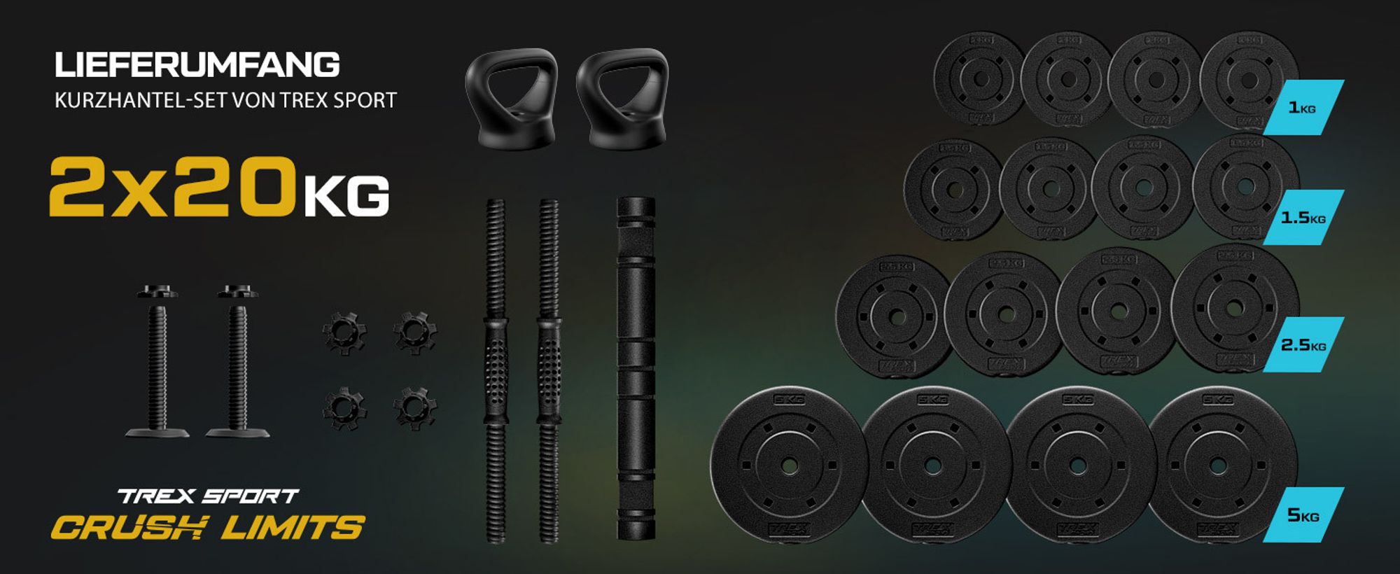 TREX SPORT Hantelset Kurzhanteln 4in1 Set | 2x20kg Kurzhantel Set, Langhantel, Liegestütze, Kettlebell | 40kg Dumbbell Hanteln Set mit Verbindungsrohr