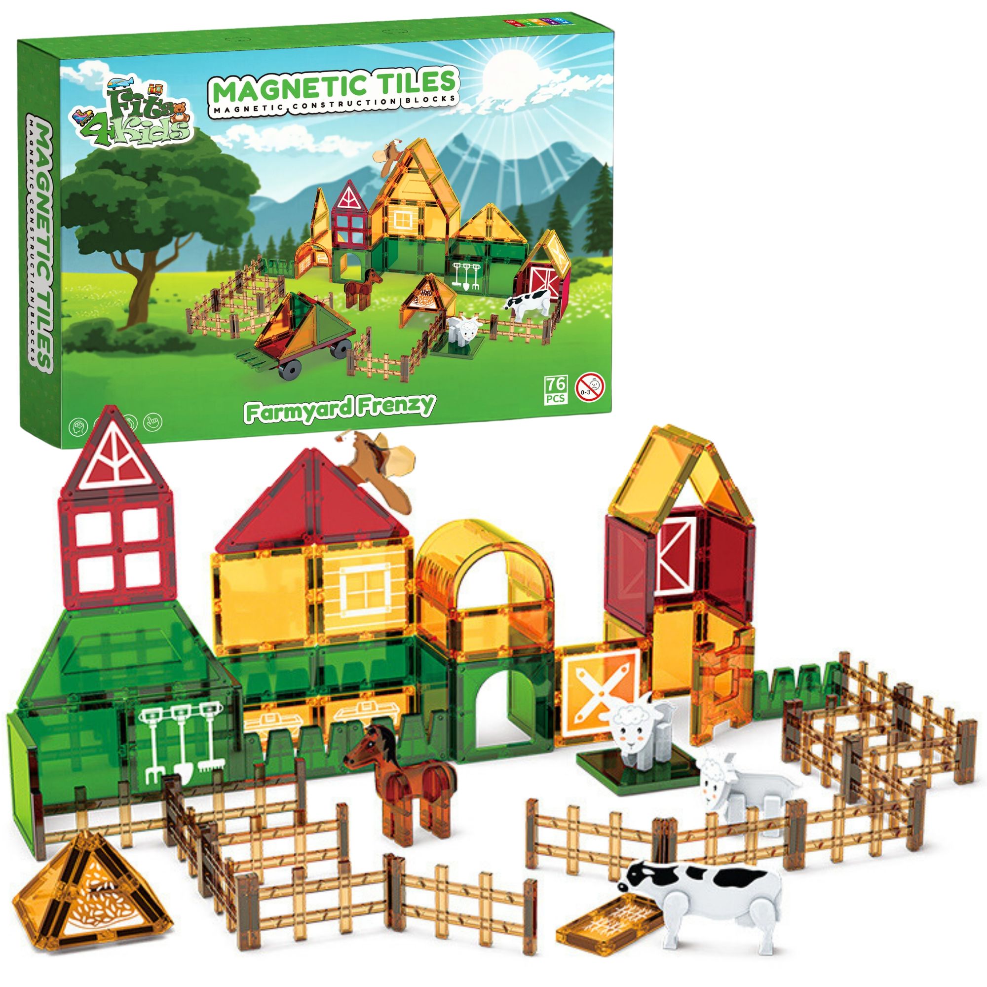 Fits4Kids Magnetische Bausteine – 76 Teile - Kreatives Spielzeug für Kinder – Perfekt für Bildung und Spaß – Magnetic tiles - Bauernhof-Edition