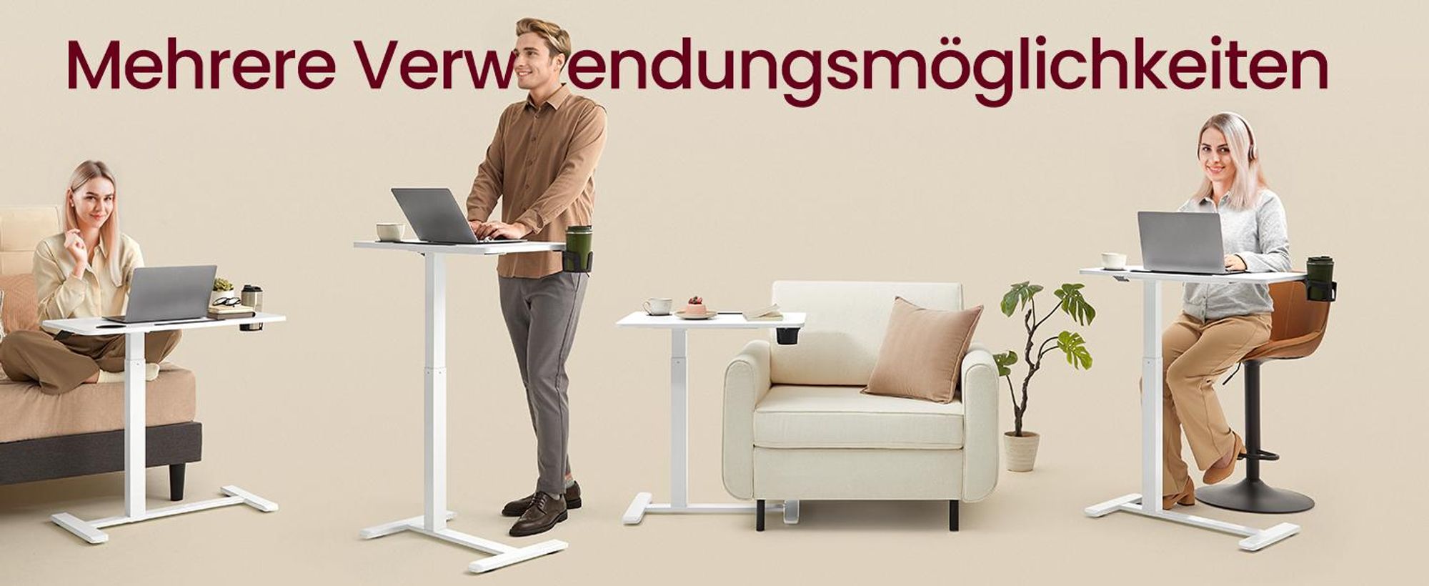 VASAGLE Beistelltisch mit Rollen, mobiler Stehtisch, verstellbare Höhe, 2 Getränkehalter, Schlitz