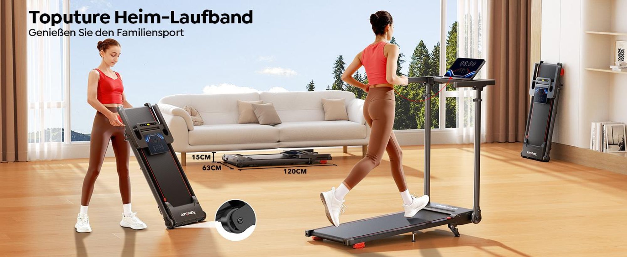 Laufband für Zuhause 12km/h, 6 IN 1 Elektrisches Laufband mit 10% Steigung, 1080MM Einziehbares Steigrohr, 360° Tablet Holder, Controllo App, TP7