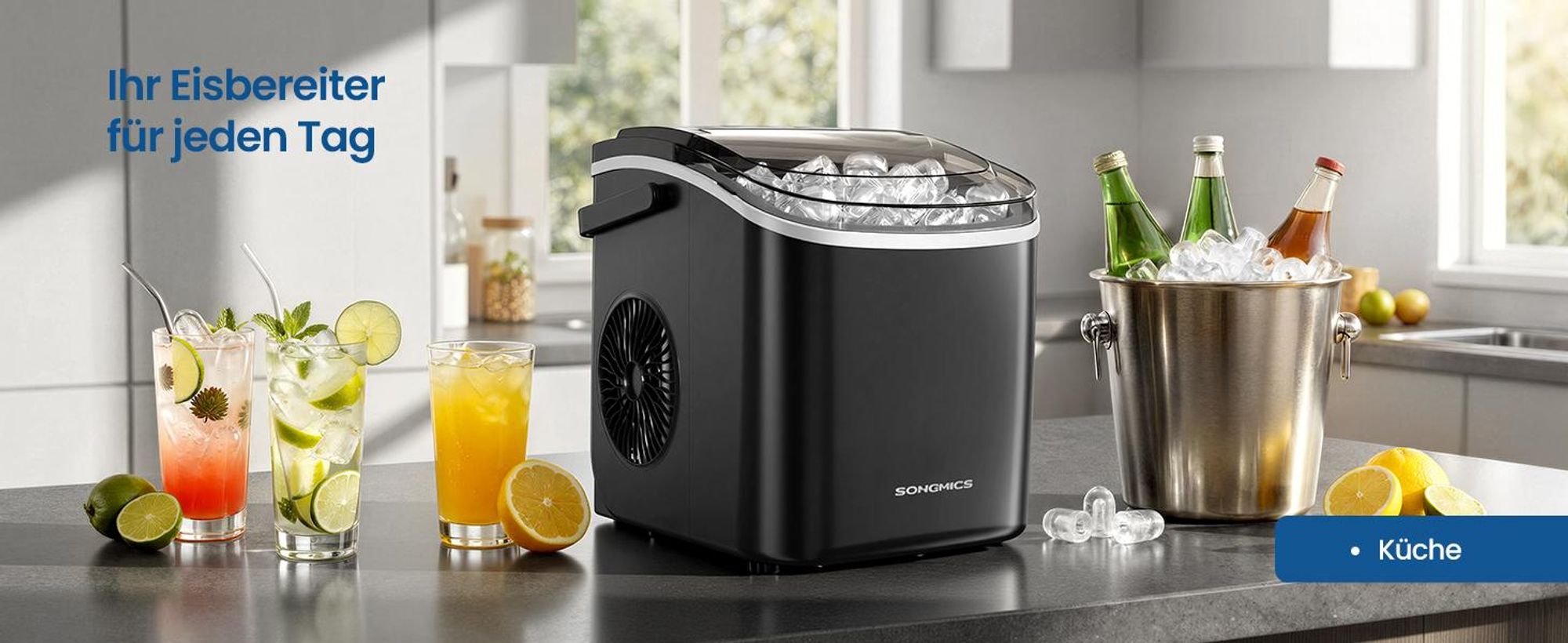 SONGMICS Eiswürfelbereiter tragbar, Eiswürfelmaschine mit Selbstreinigung, 2 Würfelgrößen, für Küche, Camping, Party, schwarz
