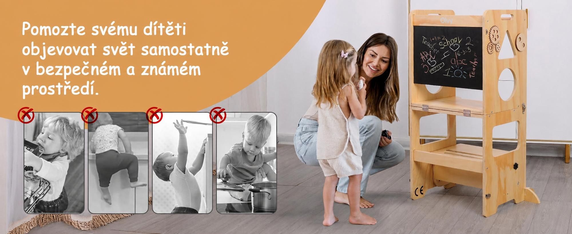 Učební věž Olvy pro děti, Montessori učební věž 3 v 1, učební věž od 1 roku, učební věž, kuchyňská věž pro děti, skládací dětské schody, dřevěný žebřík