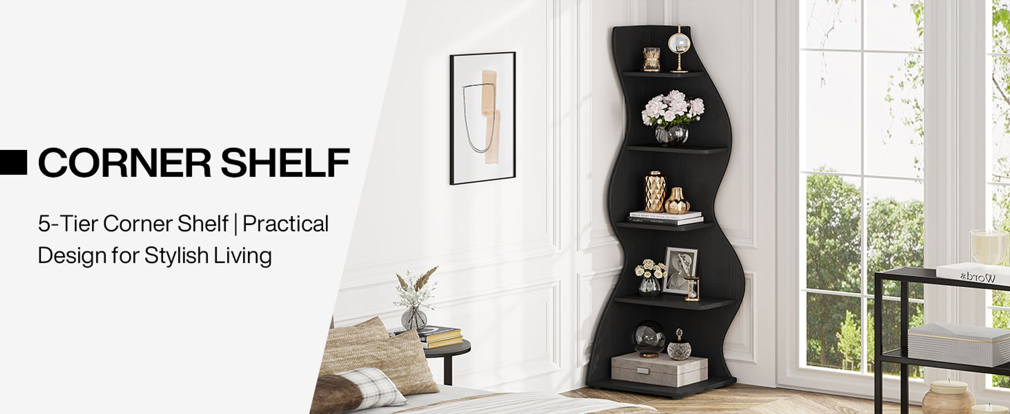 Tribesigns Eckregal, 183 cm hoch, Lagerregal, Bücherregal, Pflanzenständer, Organizer-Einheit, 5 Stufen, Modern, für Zuhause, Büro, Wohnzimmer,Schwarz
