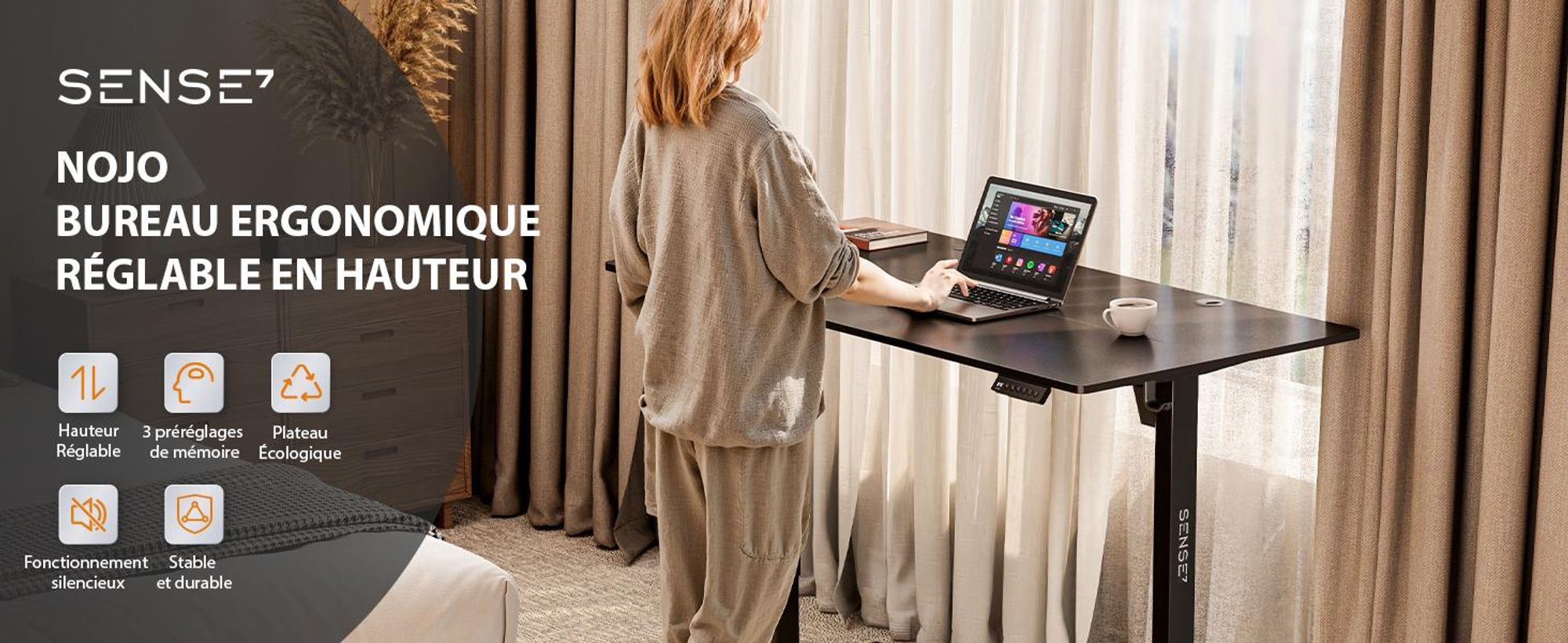 SENSE7 Nojo Bureau réglable en hauteur àélectrique 120x60 Table de gaming Bureau d'ordinateur Bureau debout Table PC Ergonomique Fonction mémoire Noir