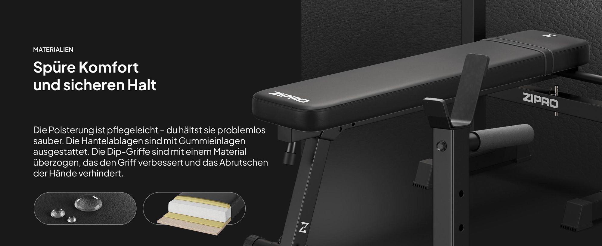 Zipro Hantelbank mit Langhantelablage Core – Klappbare Drückerbank für Bankdrücken Flachbank mit Dip-Barren Bis 230kg Belastbar Platzsparende