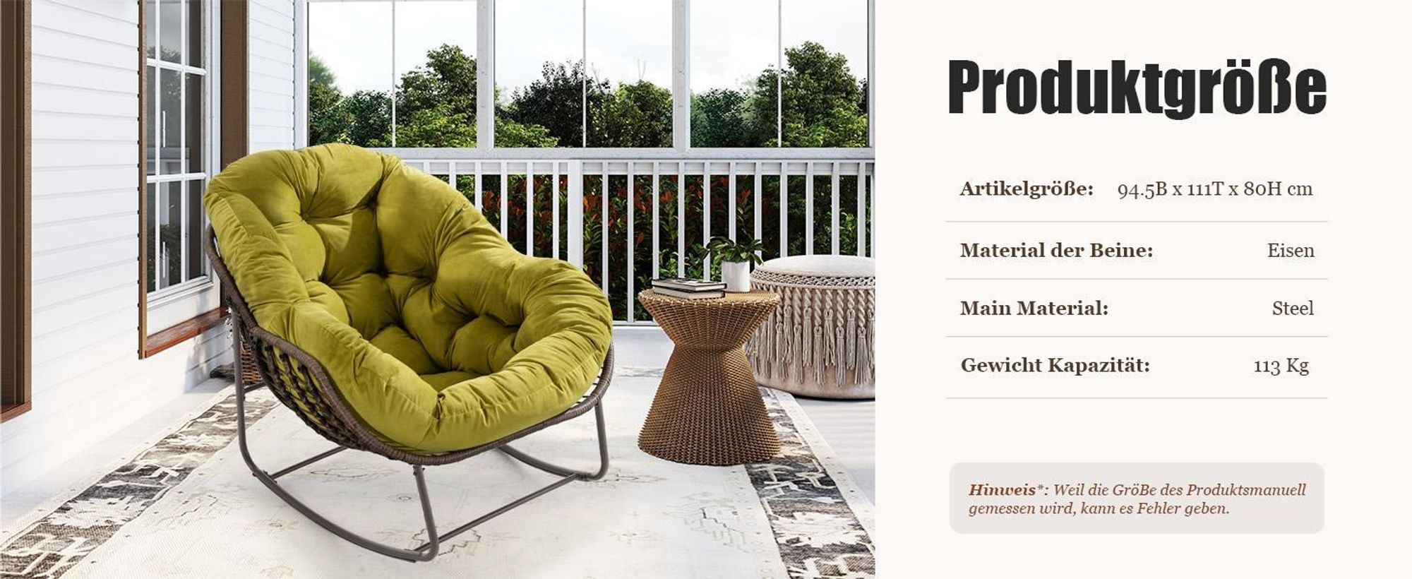 LVHOM Schaukelsessel Garten mit Kissen, 2 Stk. Rattanstühle mit Stahlrahmen, Schaukelstuhl Lounge-Schaukelsessel, Sessel für Balkon, Olivgrün