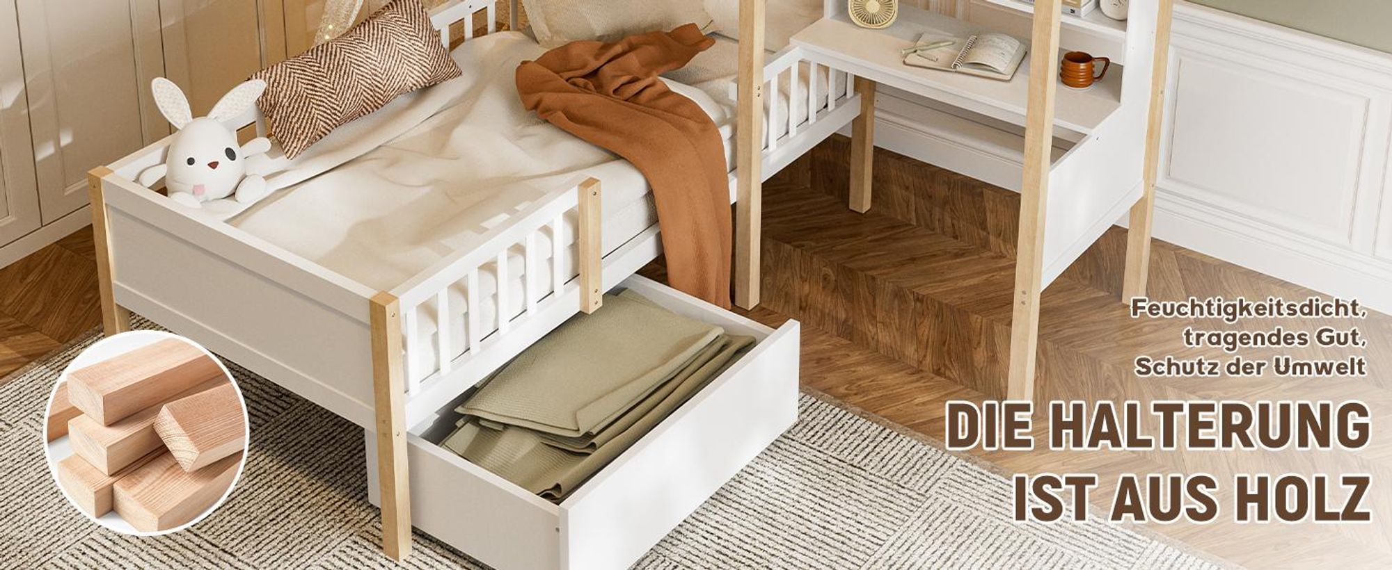 LVHOM Hausbett 90x200cm mit Schublade, Kinderbett mit Schreibtisch L-Form und Bücherregal, Kinderbett mit Lattenrost und Rausfallschutz, Holzbett