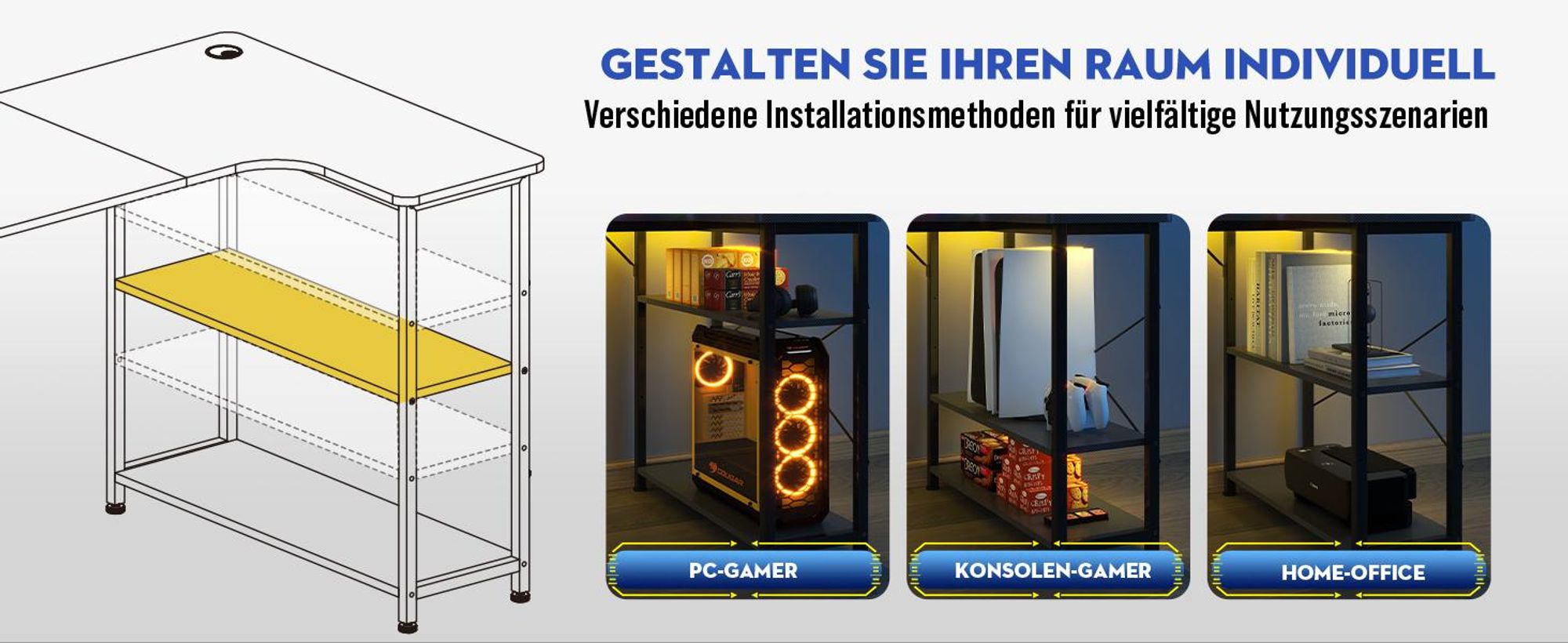 GTPLAYER Eckschreibtisch Schreibtisch Gaming Tisch, 100cm Computertisch L Form, PC Tisch für Büro, schwarz