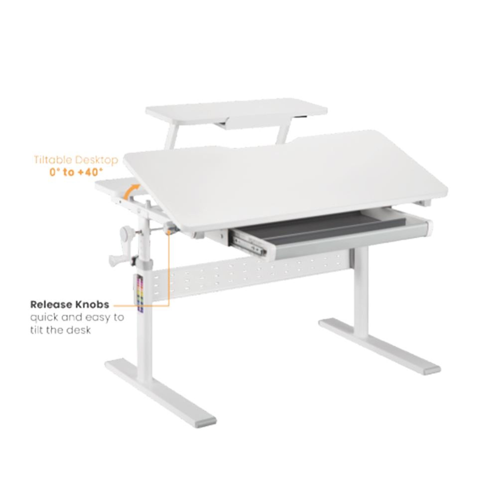 Ergo Office ER-483 Ergonomischer Kinderschreibtisch mit Höhenverstellung und Neigungsverstellung bis zu 40 Grad, Zusätzliche Ablage mit Buchhalterung, Kinder-Schultisch bis 40kg Schublade Taschenhaken